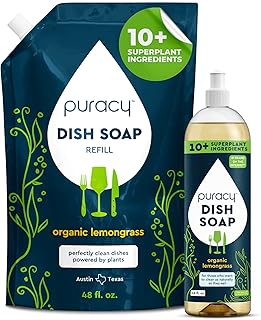 Puracy Natural Dish Soap Refill - Skin-Softening Plant-Based Liquid Dishwashing Detergent Soap, Clean-Rinsing Water-Sheeting Formula (Organic Lemongrass, 16+48 fl oz)