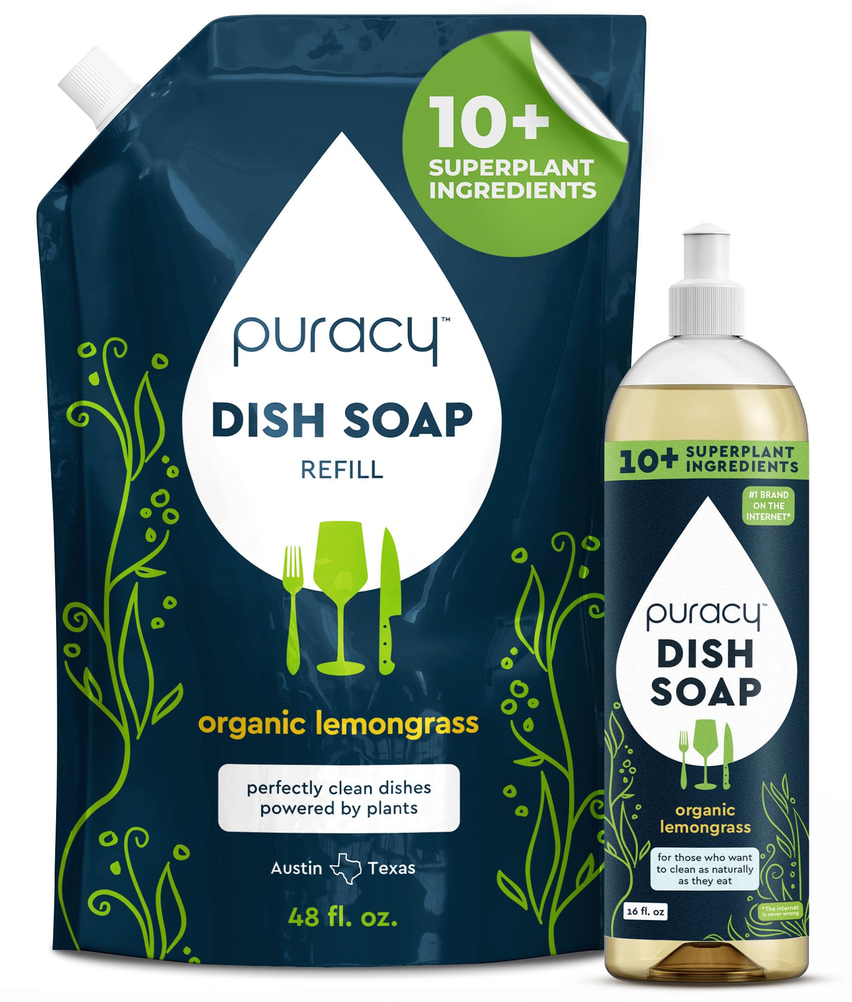 Puracy Natural Dish Soap Refill - Skin-Softening Plant-Based Liquid Dishwashing Detergent Soap, Clean-Rinsing Water-Sheeting Formula (Organic Lemongrass, 16+48 fl oz)