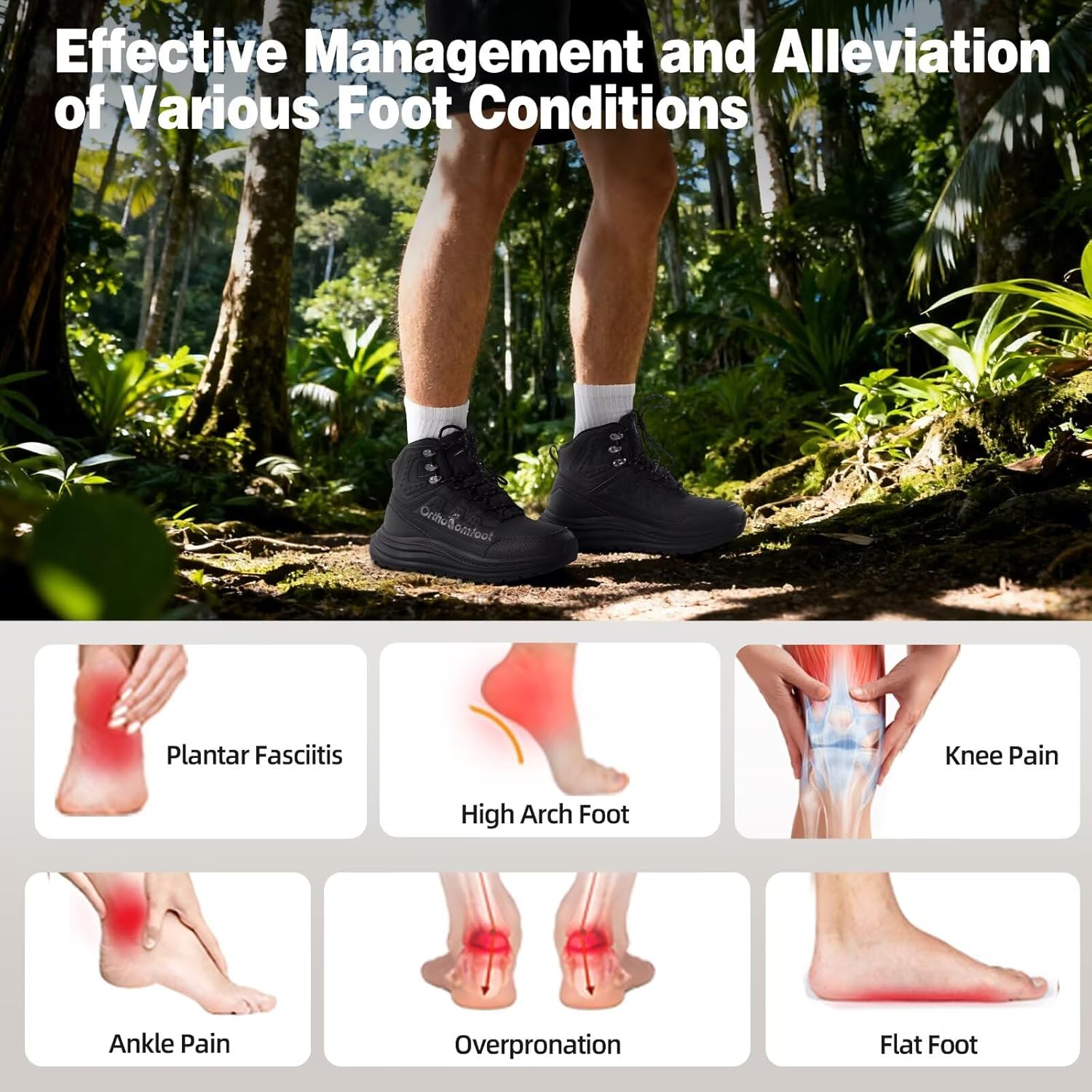 Men's Orthopedic Waterproof Hiking Boots: Comfortable Plantar Fasciitis Work Walking Running Trekking Shoes, Flat Feet Orthotic Mid Ankle Support Trail Sneakers for Foot and Heel Pain Relief - Image 2