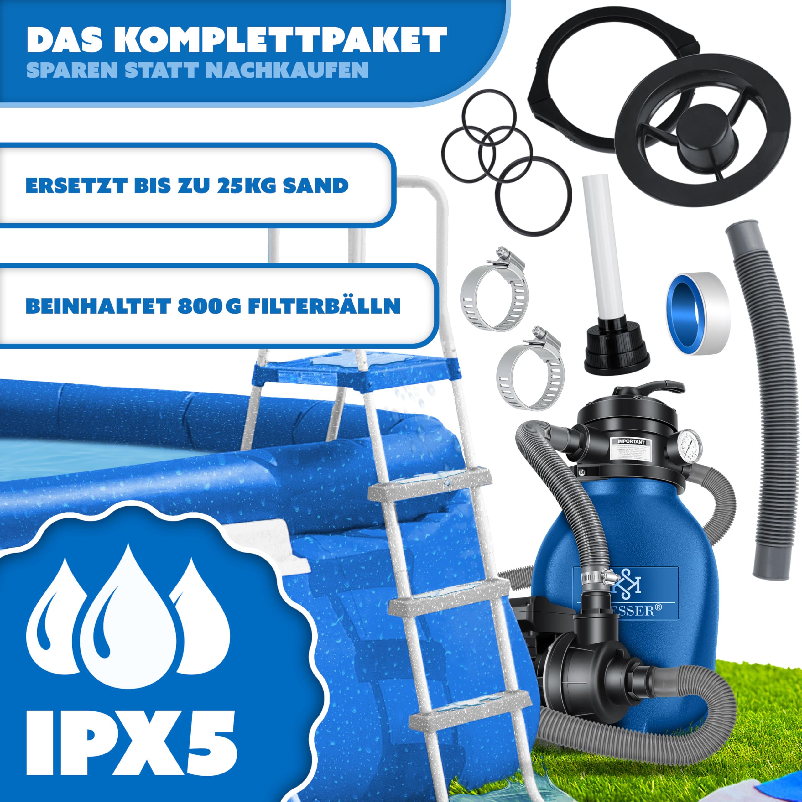 KESSER® Filtro de Arena, Sistema de filtrado de Arena + Bolas de filtrado de 700 g Que sustituyen a Las de 25 kg de Arena de filtrado para Piscinas, Sistema de filtrado de 10 mġ/h para Piscinas (Azul)