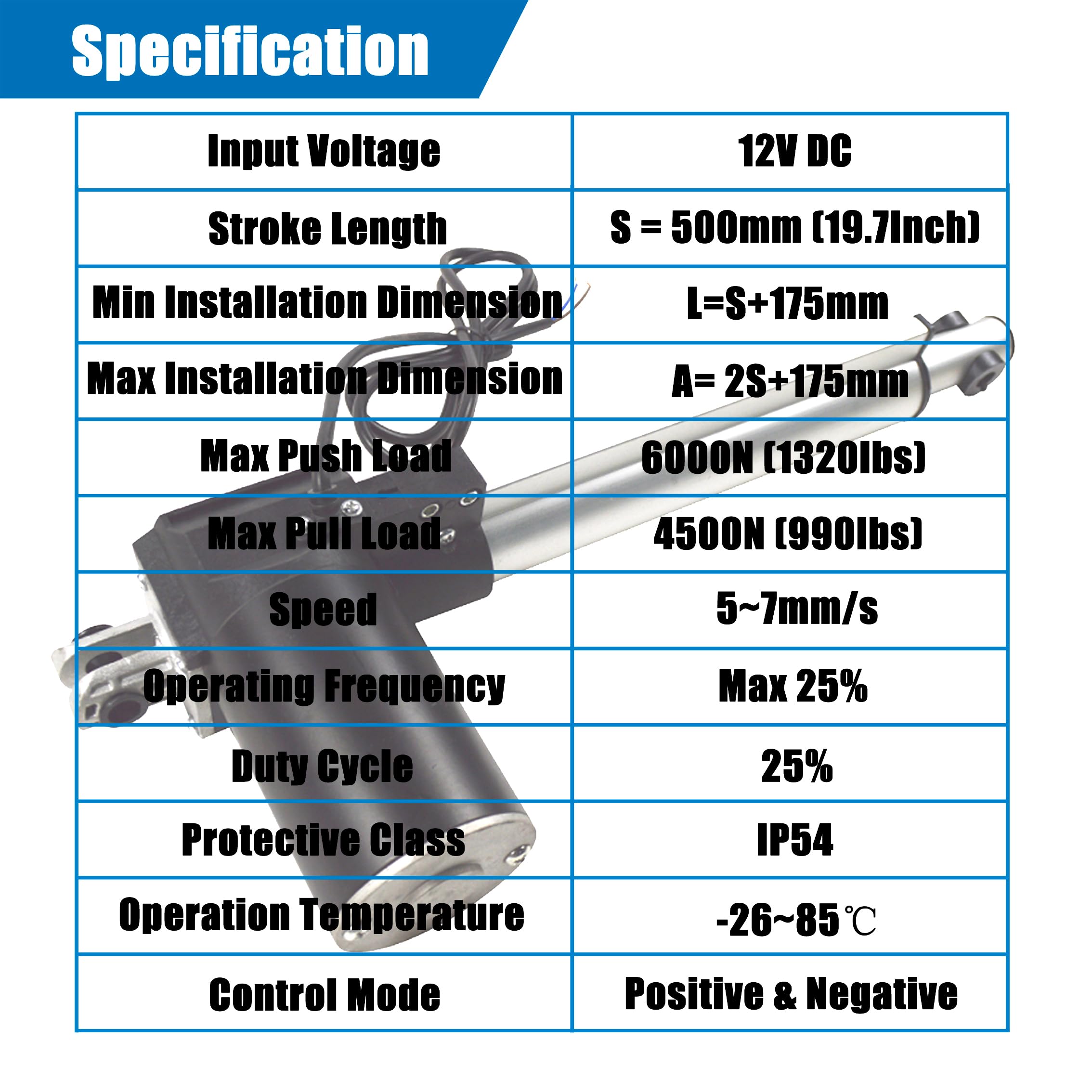 WYDDDARY Linear Actuator 19.69inch (500mm) Stroke 12V DC Heavy Duty 6000N/1320LB Actuators Controller with Mounting Bracket for Recliner Electric Sofa TV Table Lift