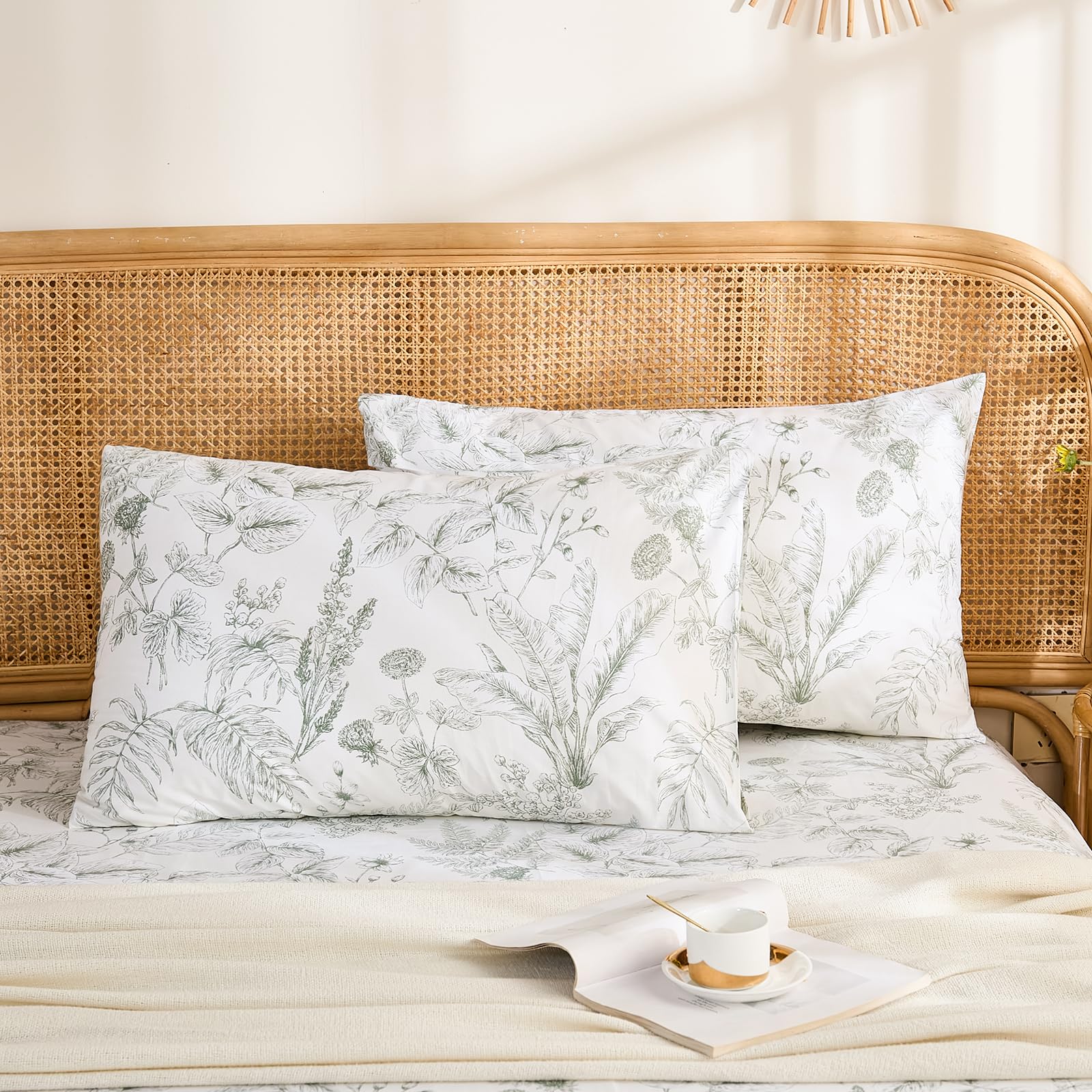 Herside Queen Size Pillowcases Set of 2, 100% Cotton Pillow Cases, Grey Botanical Line Art Pillow Cover, Ultra Soft Breathable Envelope Closure Pillow Case Set (Queen, 50x75cm)