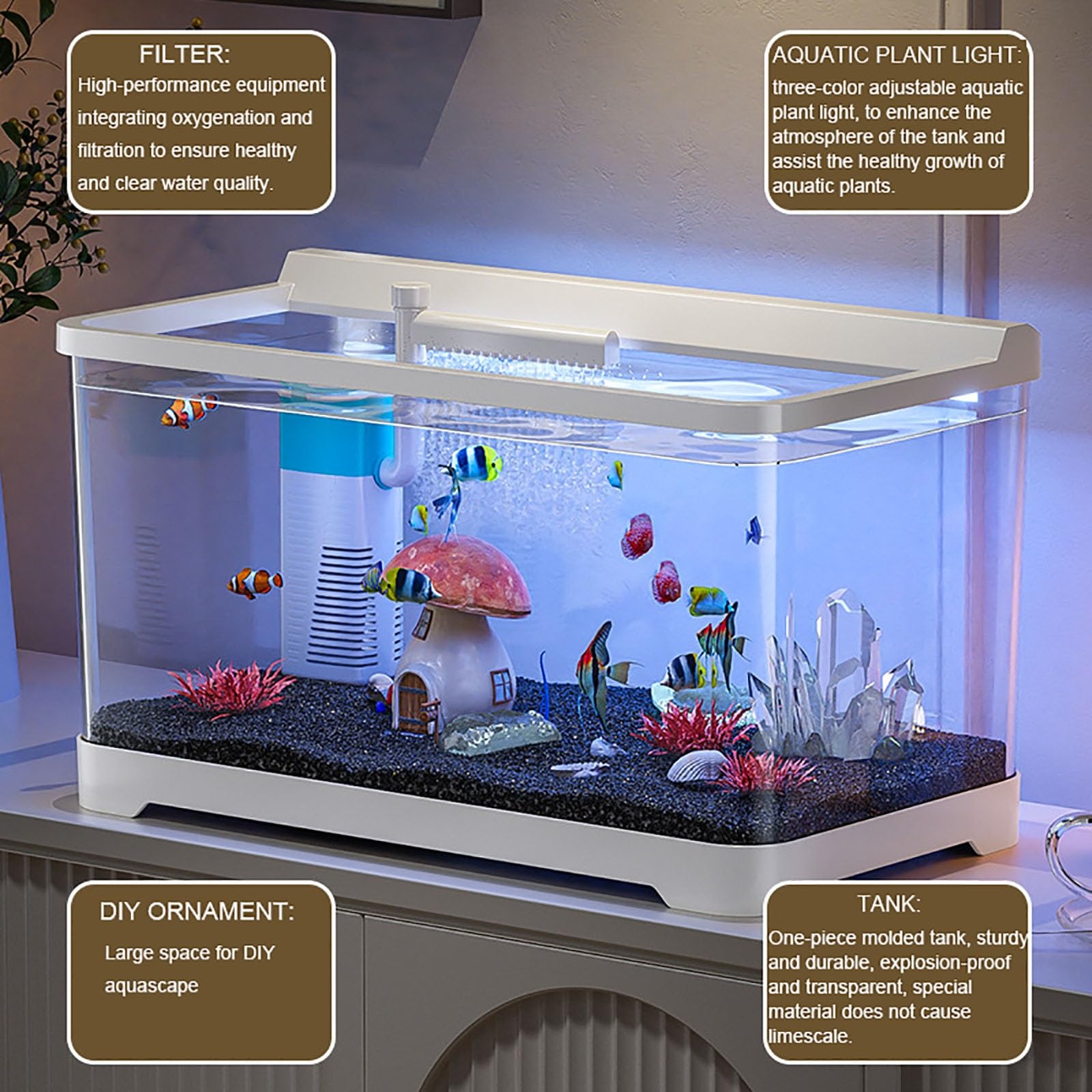 Acuarios Y Peceras Completas, Acuario con Luz Nocturna LED, Pecera con Sistema De Filtrado Integrado E Iluminación LED,Bajo Ruido Y Silencioso(M)
