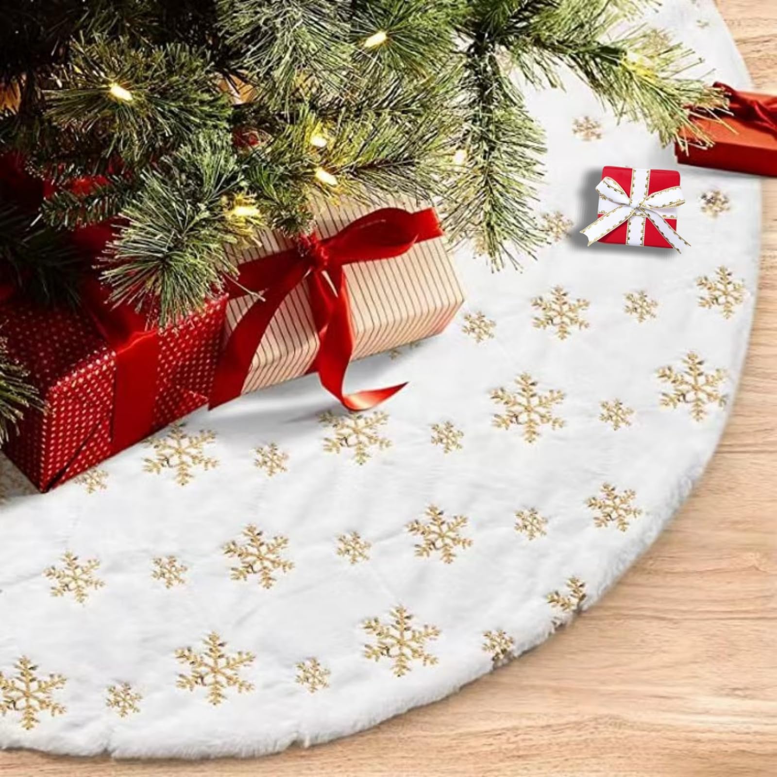 Jupe pour Sapin de Noël Or 90cm Blanche Flocon de Neige