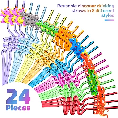 Miniatura 2 de Patelai 24 pajitas de dinosaurio reutilizables con diseño de dinosaurio, divertidas y locas para niños, decoración de fiesta de cumpleaños, 8 estilos