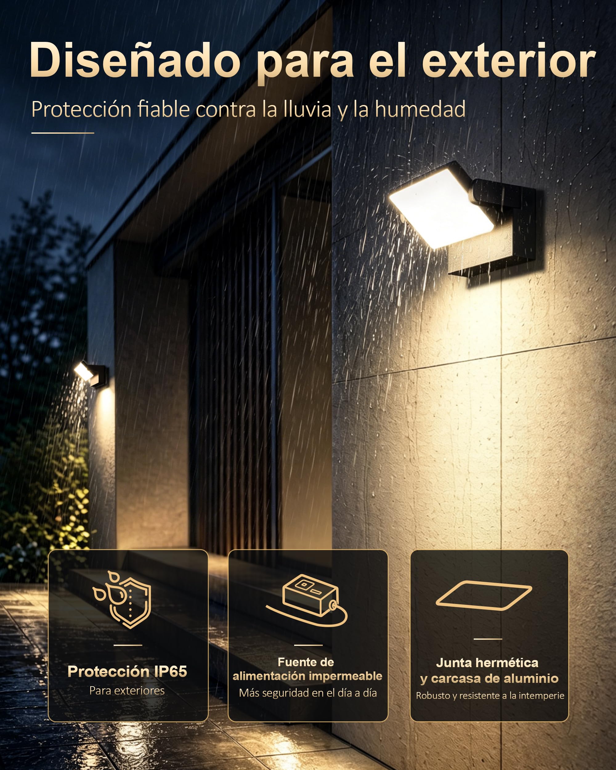 Kingwen LED Aplique Pared Exterior/Interior Negra 360°Rotación Blanco cálido 40W 3000K Focos LED Exterior Impermeable IP65 Apliques de Pared 3000LM | Color negro, LED integrado, IP65 clase energética E, aluminio fundido, IP65 impermeable, para uso en exte