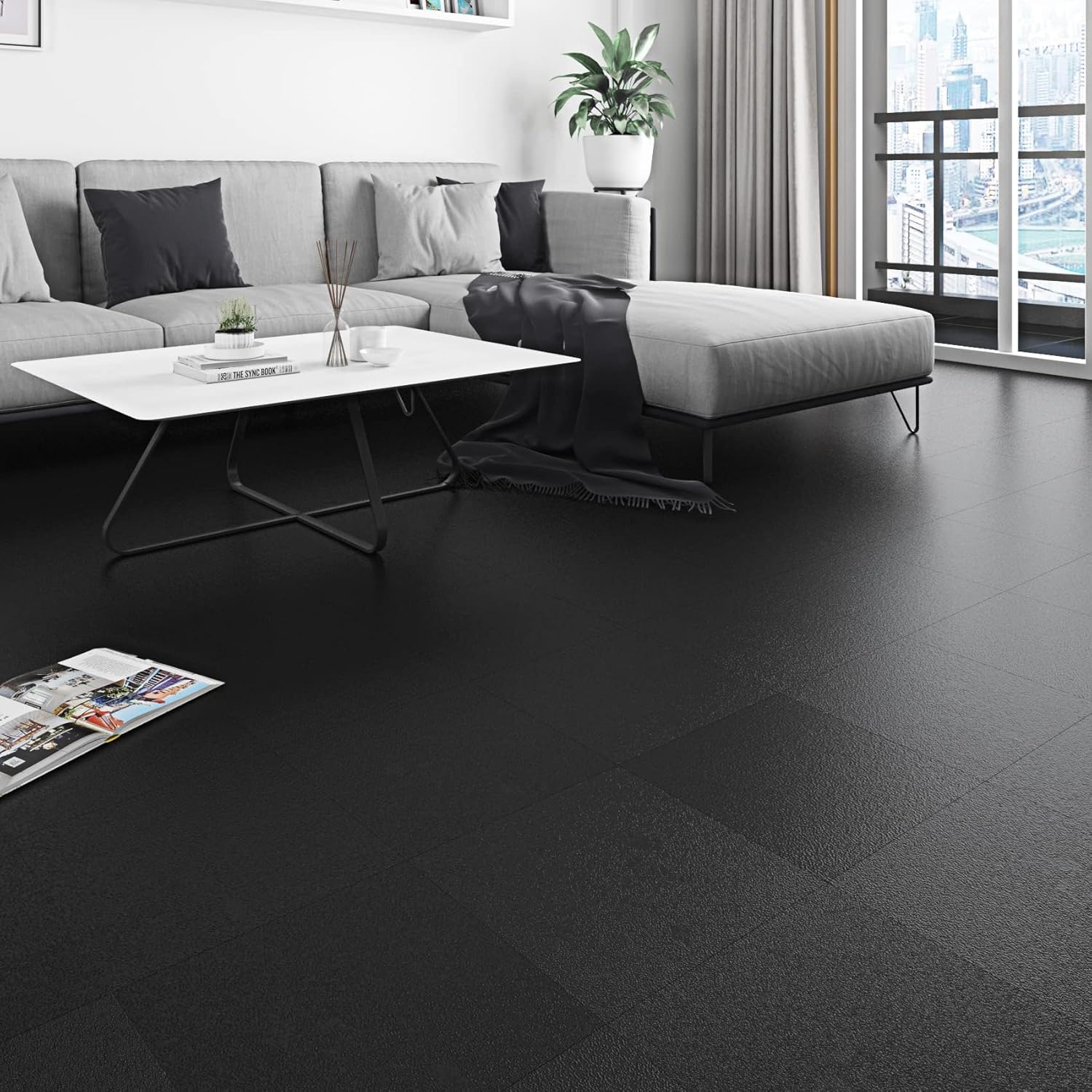 Livelynine Solid Black Vinyl Flooring 16-Pack 12x12 Inch Bathroom Peel and Stick Floor Tile Waterproof Kitchen Floor Tiles Rubber Sticky Tiles for Floor Garage Rv Flooring Linoleum Sheet Groutable