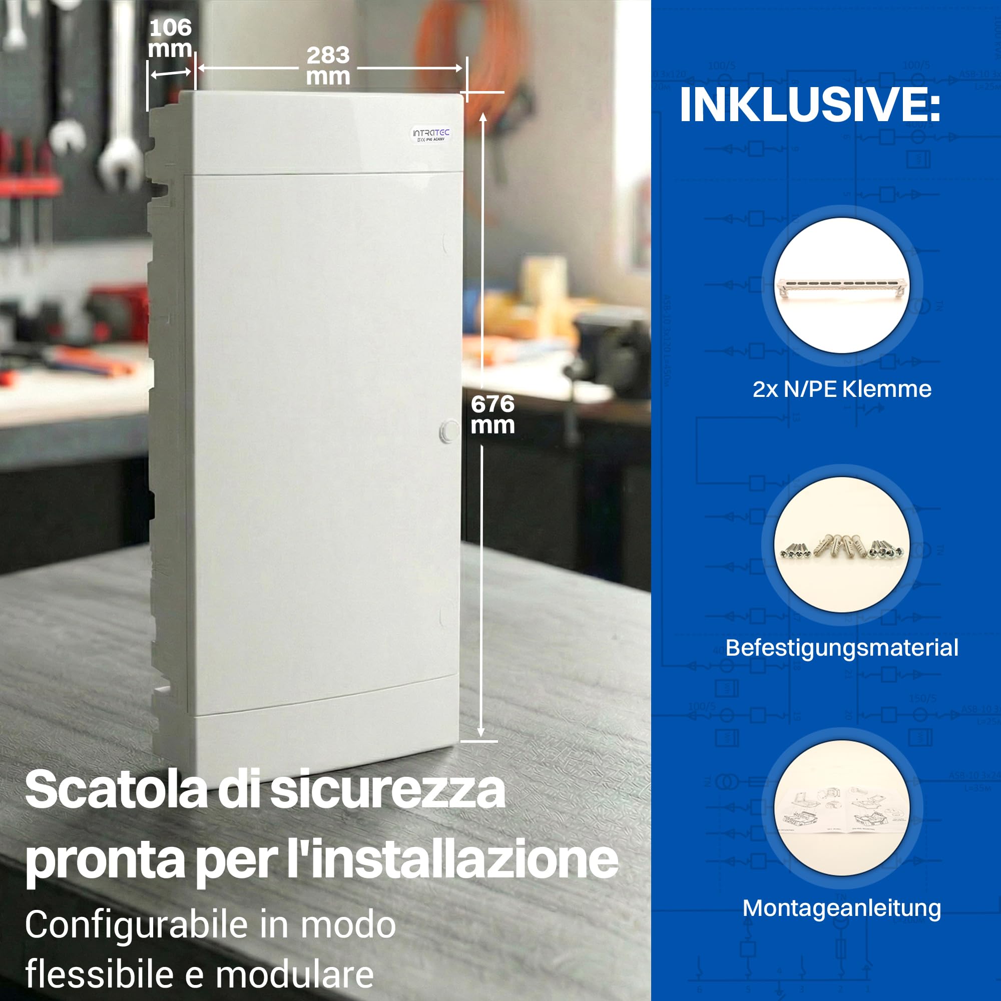 Intratec Quadro Elettrico Incassato 4 Righe – Quadro di Distribuzione IP40 per 48 Moduli con Porta Bianco e Guide per Facile Installazione Elettrica in Casa e Azienda – 676 x 283 x 106mm