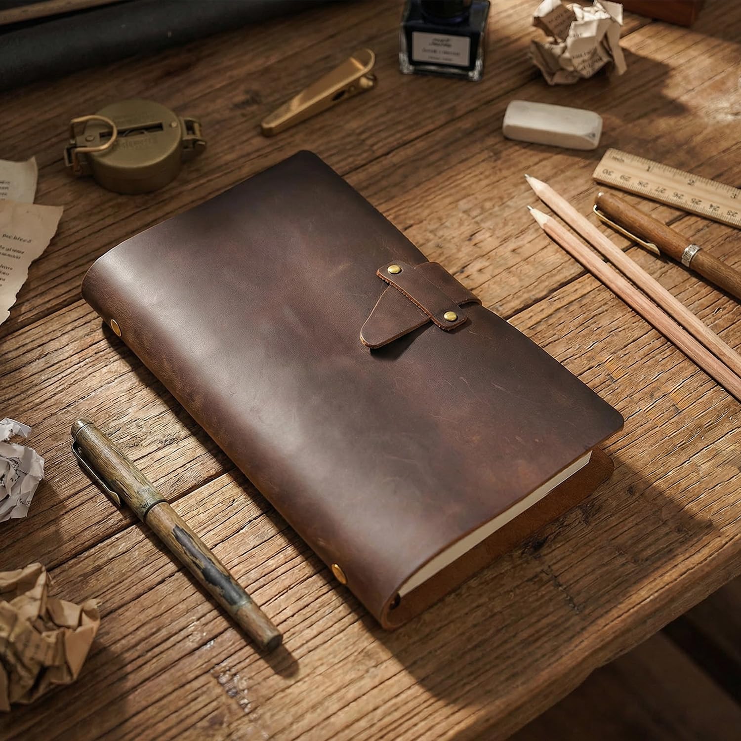 Acidea Carnet de notes rechargeable en cuir A6, classeur vintage à 6 anneaux avec couverture en cuir véritable Crazy Horse avec 192 pages de recharge de papier kraft vierge, poche, pour écrivains