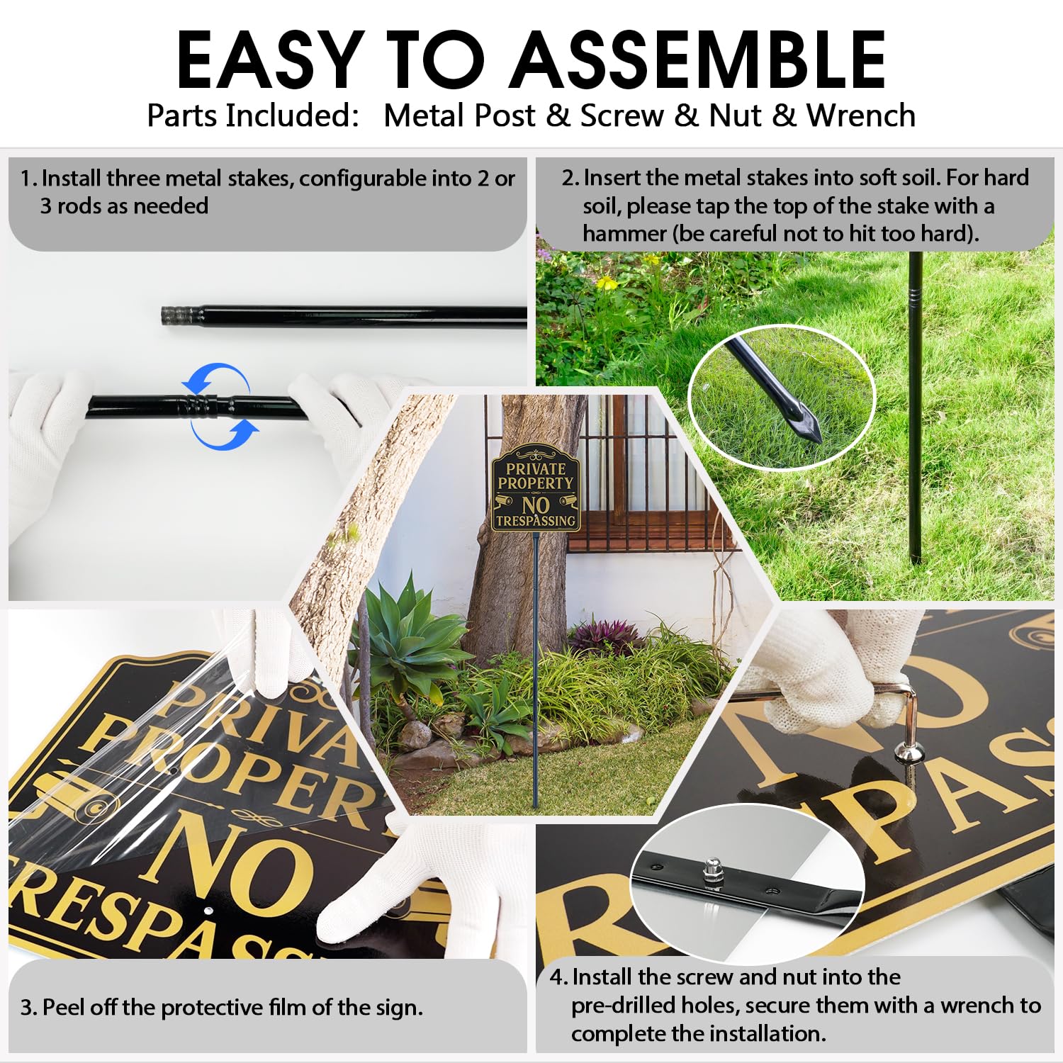 Faittoo Grand panneau « No Trespassing » propriété privée avec piquet épais en métal de 132,1 cm, 30,5 x 30,5 cm, aluminium lourd antirouille, réfléchissant, résistant à la décoloration, facile à