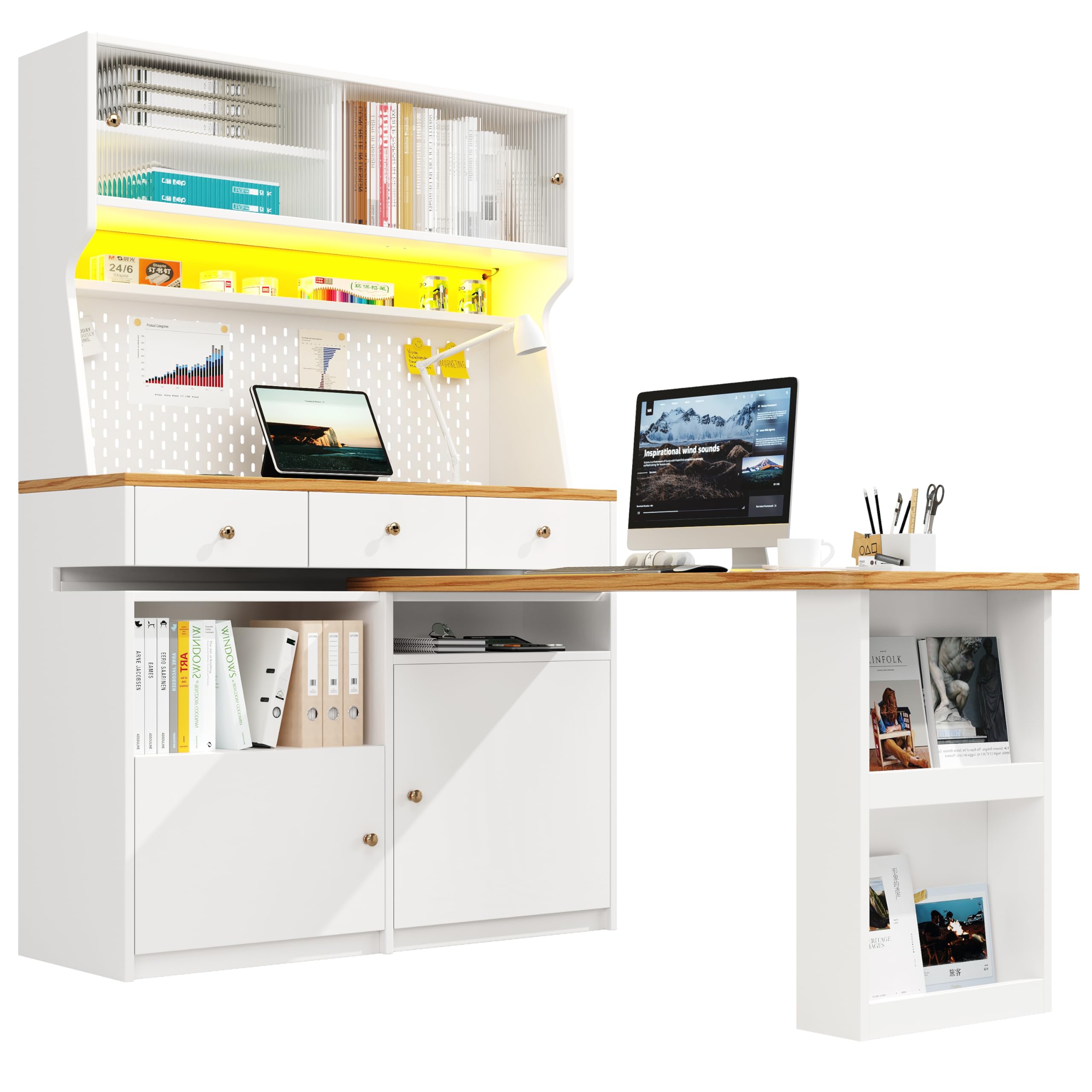Lcoho Armadietto da cucina (137 x 45 x 178 cm), a buffet alto, multiuso a buffet, armadietto da tavolo, scrivania, armadietto con due ante e tre cassetti, bianco