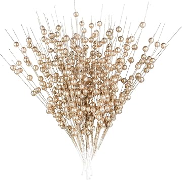 DearHouse 10 Pack Christmas Glitter Berries Stems, 15Inch Artificial Christmas Picks for Tree Ornaments, DIY Xmas Wreath, Crafts, Holiday Home Decor Champagne