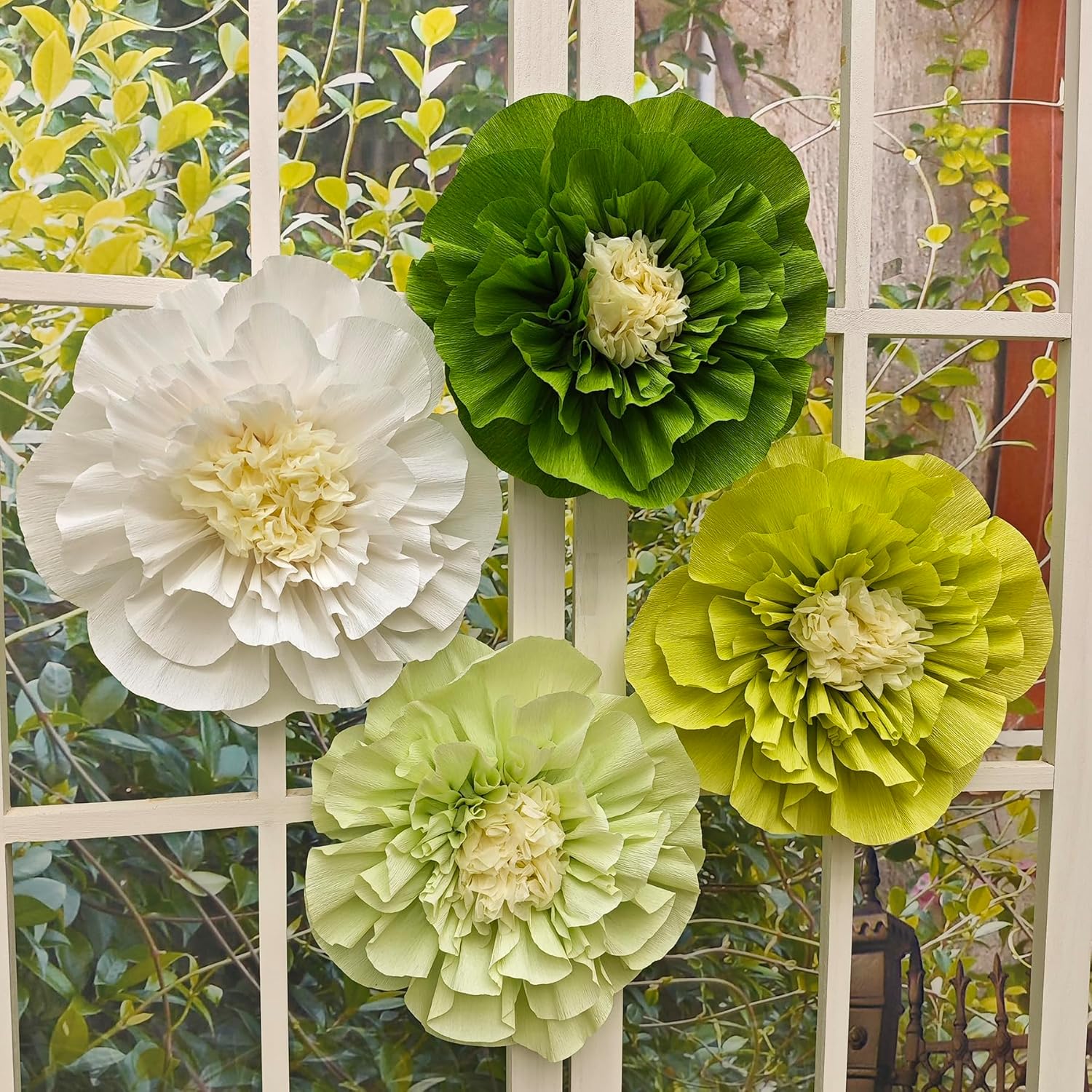 Mybbshower Crepe Paper Flower for Wall Psprt Pom Pom Decor Girls Birthday Party Backdrop Baby Shower Nursery Room Decoration Pack of 4 (Green White) - Image 2