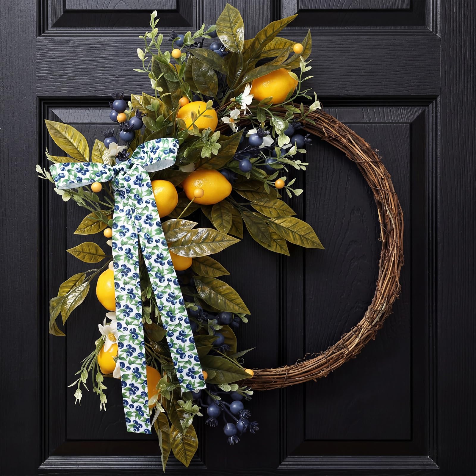 Photo 1 of Suncalla 20 Inch Summer Lemon Wreath for Front Door with Artificial Blue Berry Bow Farmhouse Spring Summer Decor for Home Porch Window Wall Wedding Party Indoor and Outdoor