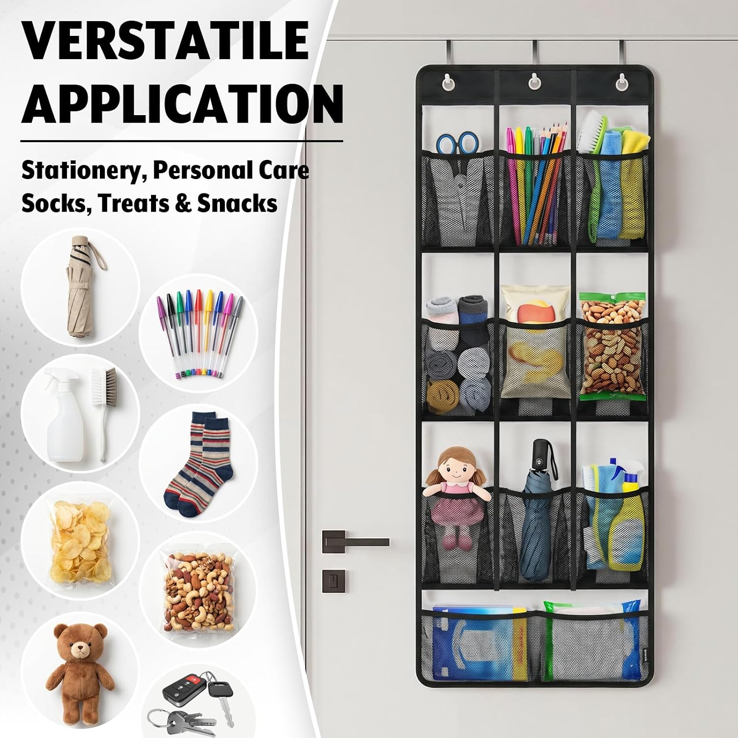 Water Bottle Organizer - Over Door Tumbler Holder Compatible with Stanley Cup Fits 20 - 40 Oz, Universal Hanging Wall Mount Storage Rack for Kitchen Cabinet Pantry Bedroom RV, 9+2 Pockets with Hooks