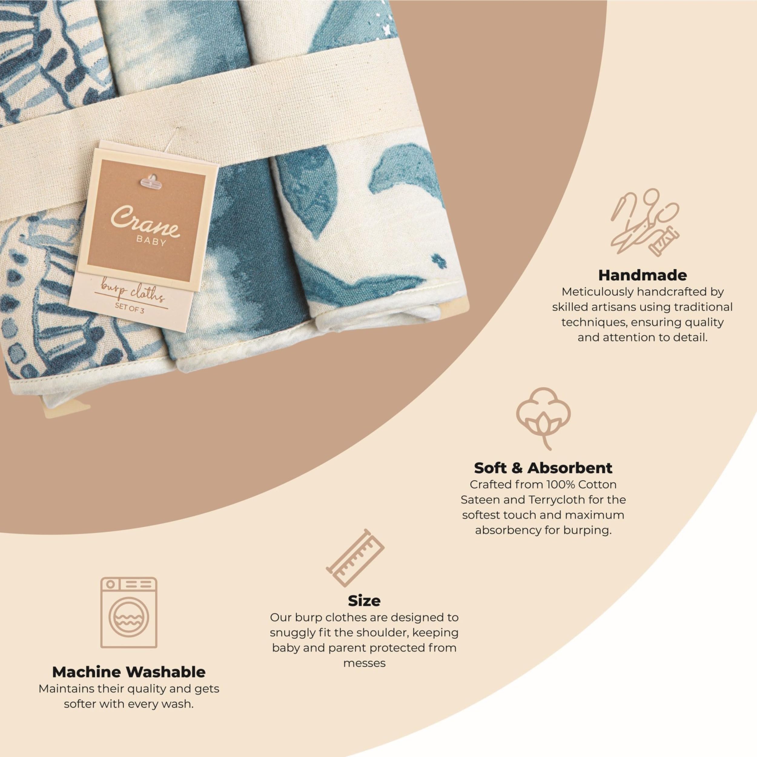 Crane Baby Pack de paños de Muselina para bebé, Pack de 3, 100% Muselina de algodón, Estampado de Ballena, imprescindible para bebé