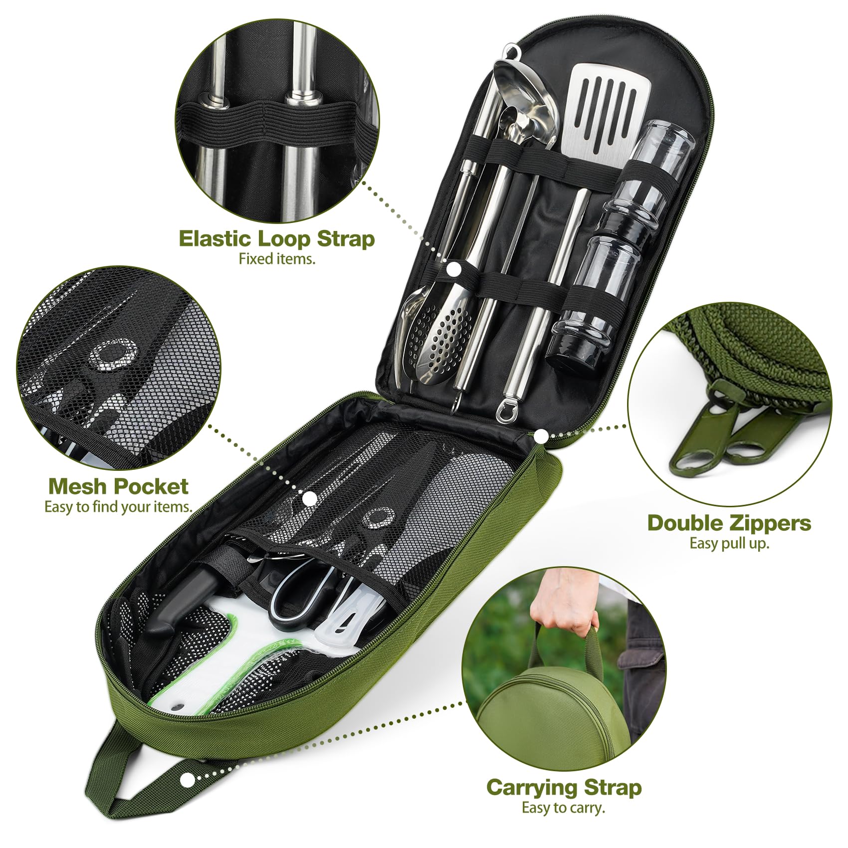 Onlyfire 16-Teiliges Camping Kitchen Utensils, Camping-Kochutensilien-Set mit Aufbewahrungstasche, Outdoor Camping-Essentials für Camping, Reisen, Picknick