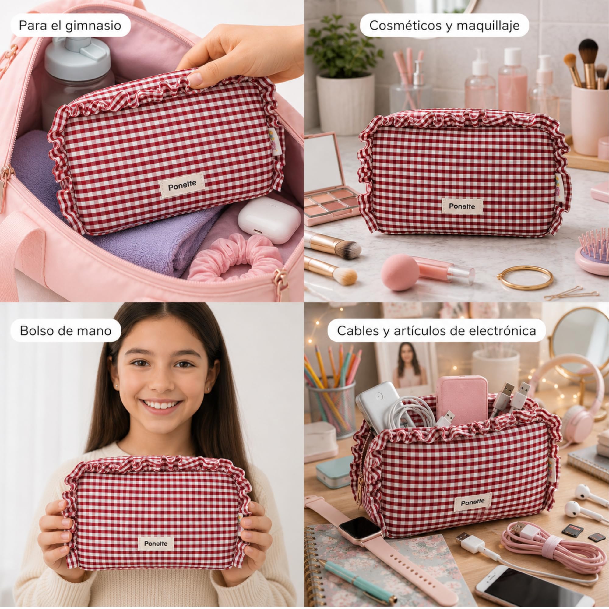 PONETTE - Neceser Mujer A Lo Loco, Vichy Cuadro Rojo, Chica, Estilo, Divertido, Juvenil, Bolsa de Aseo, Viaje, Tocador, Estuche, Marca Española
