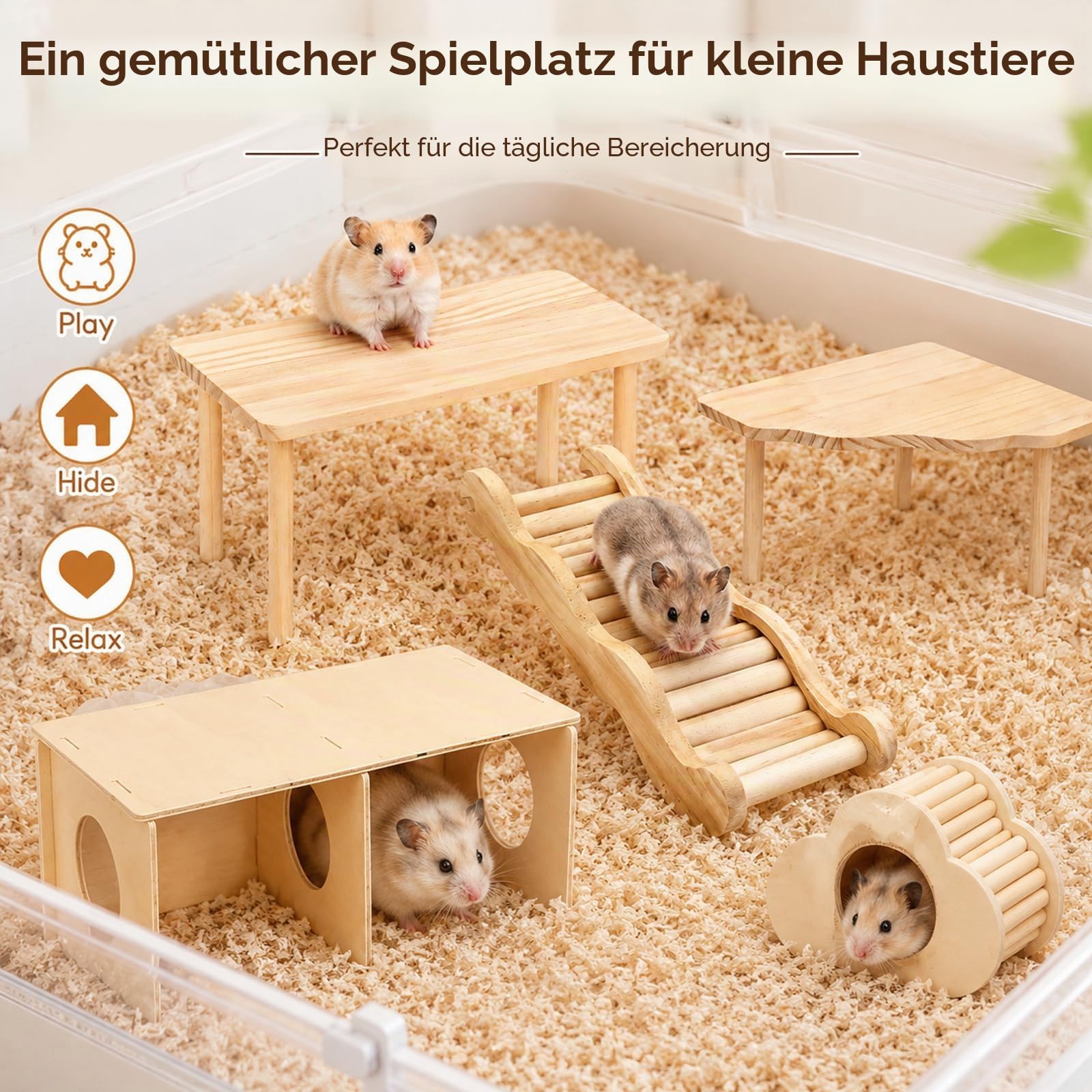 Hamster Plattform 5er Set, Hamster Spielzeug mit Plattform, Fächerplattform, Wellenleiter, Verstecktunnel & Wolkenhaus, Hamster Zubehör aus Naturholz für Meerschweinchen Chinchilla Kleintiere Käfig