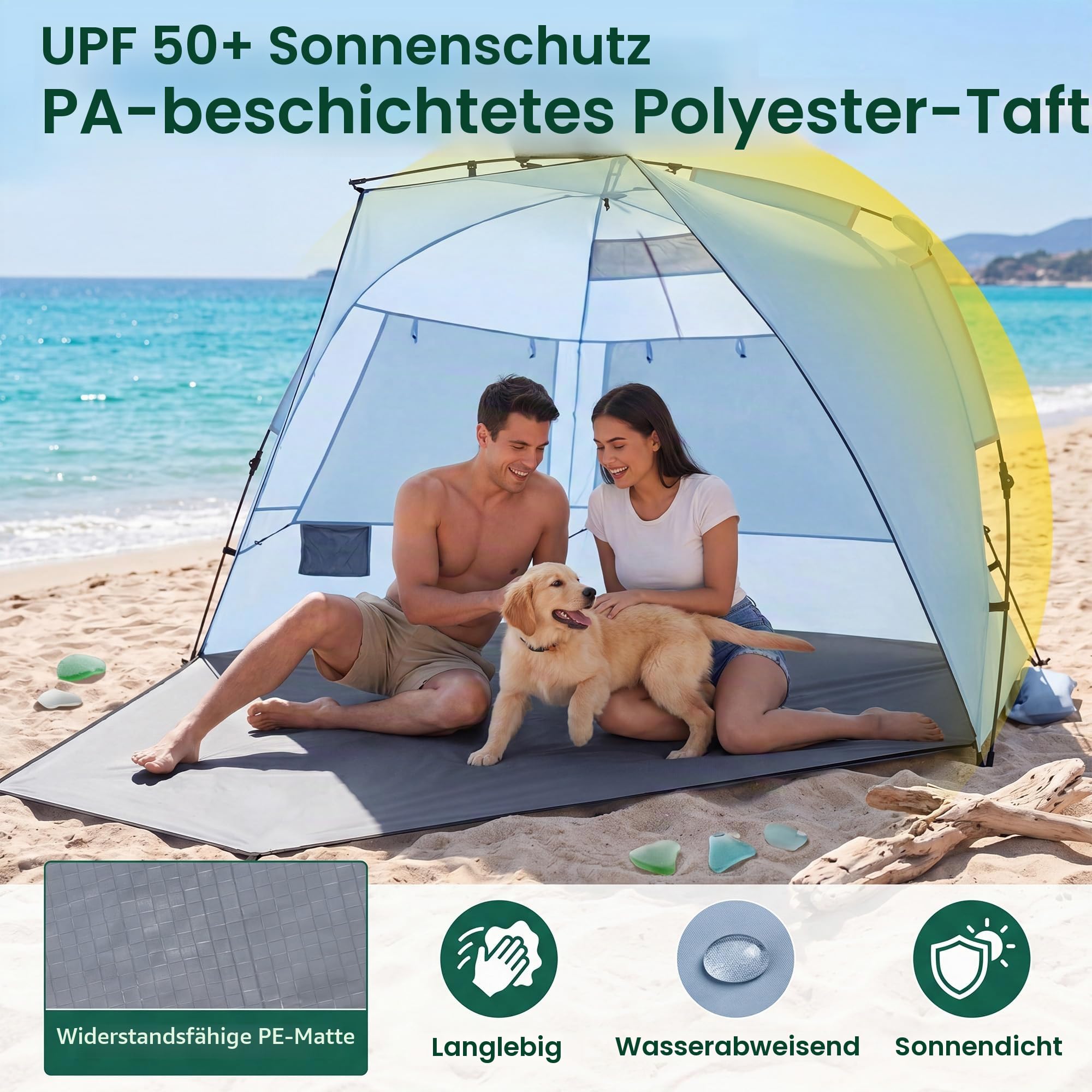 HOMASIS Pop-up Strandmuschel XXL, wetterfestes Strandzelt für 3-4 Personen mit erweiterbarem Boden, Mesh-Fenstern & Tragetasche, UV-Schutz 50+, tragbares Sonnenzelt für Strand, Camping & Hinterhof