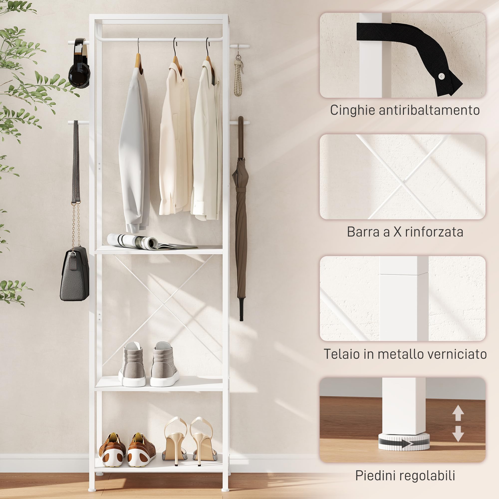 HOMCOM Appendiabiti da Ingresso con Scarpiera, Attaccapanni con Barra Appendi Abiti, 4 Ganci, Ripiano Superiore e 2 Mensole Porta Scarpe, 52x30x180 cm, Bianco