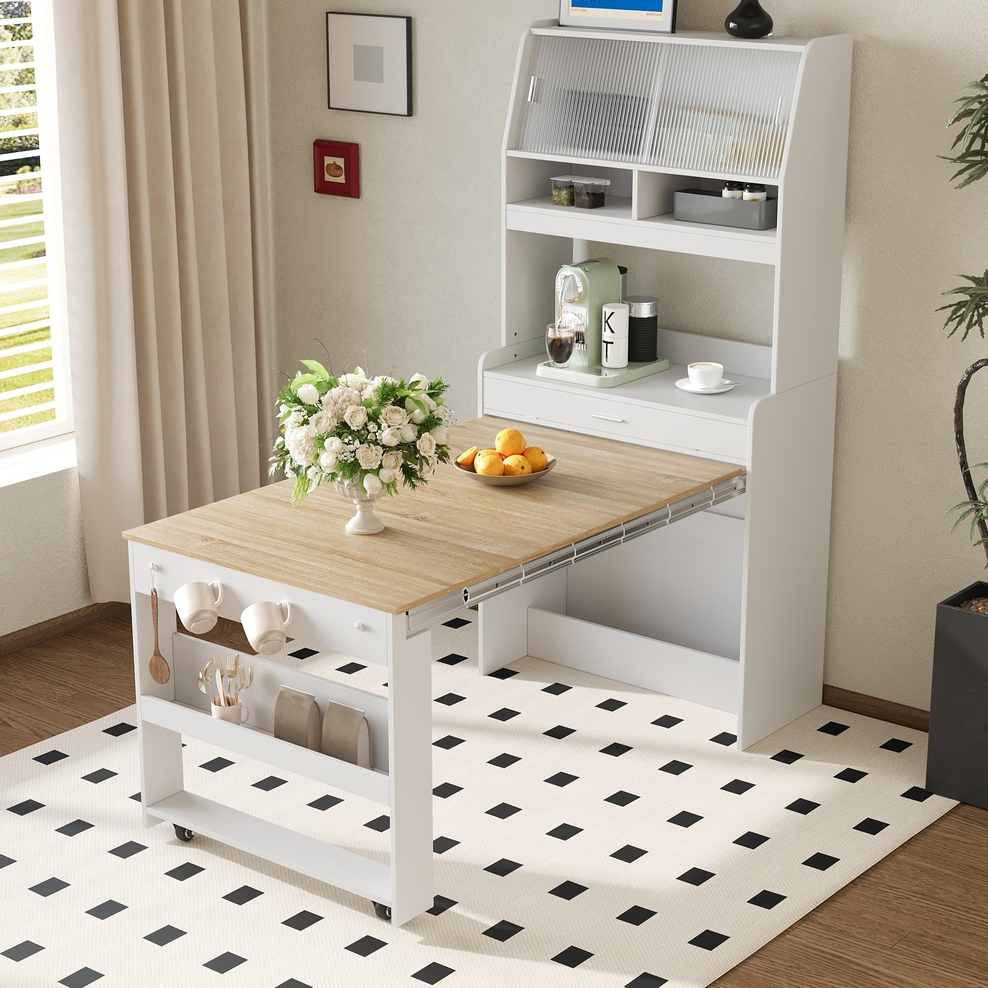 L-Shaped Kitchen Pantry with Hutch and Foldable Dining Table, Sideboard Buffer Cabinet with Sotrage Shelf and Side Hooks, Foldable Cupboard for Kitchen, Dining Room, White