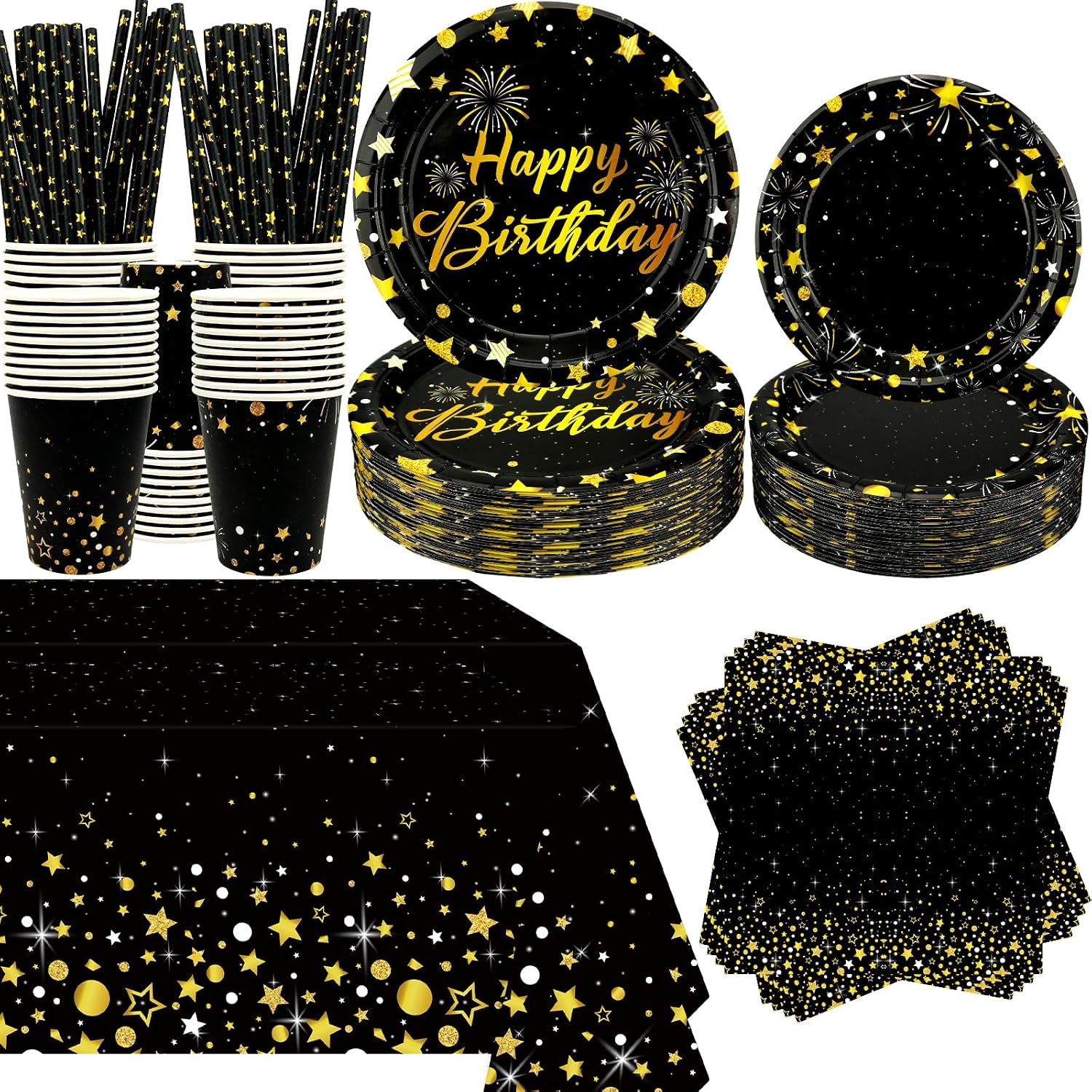 Black Gold Party Decoration - Black and Gold Birthday Party Tableware Supplies Includes Plates, Cups, Napkins, Tablecloth, Straws (40)