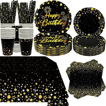 Black Gold Party Decoration - Black and Gold Birthday Party Tableware Supplies Includes Plates, Cups, Napkins, Tablecloth, Straws 40