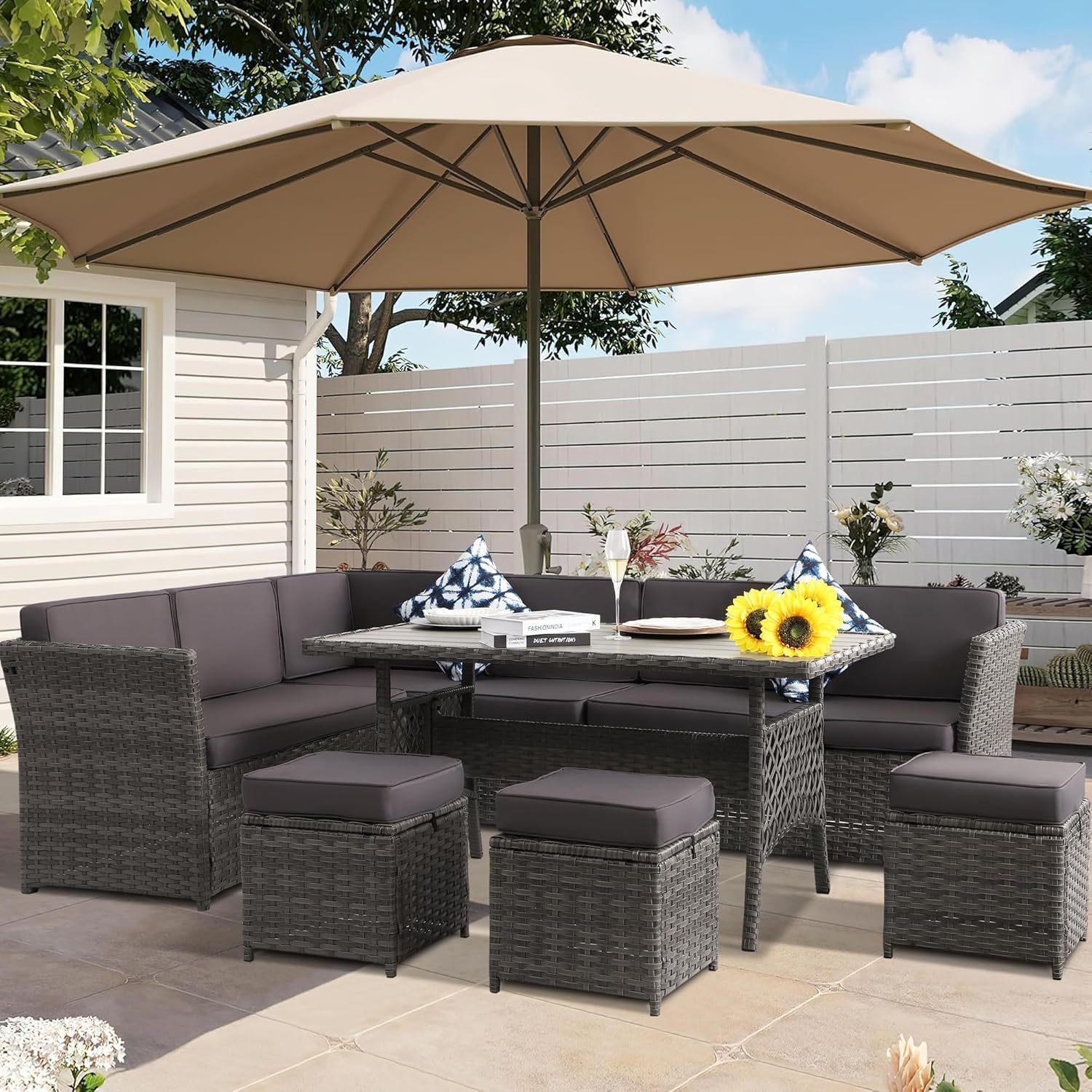 7 Pieces Patio Dining Sets, Patio Furniture Set, All Weather Wicker Conversation Set with Ottoman, Sectional Sofa with Dining Table and Chair (17Gray)