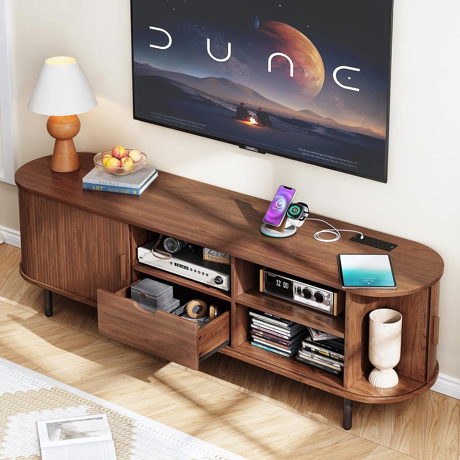 ONBRILL 63" TV Stand with Power Outlet for TVs up to 70", Entertainment Center with Storage and Drawer, TV Console with Adjustable Shelves and Sliding Door, TV Stand for Living Room, Bedroom, Walnut