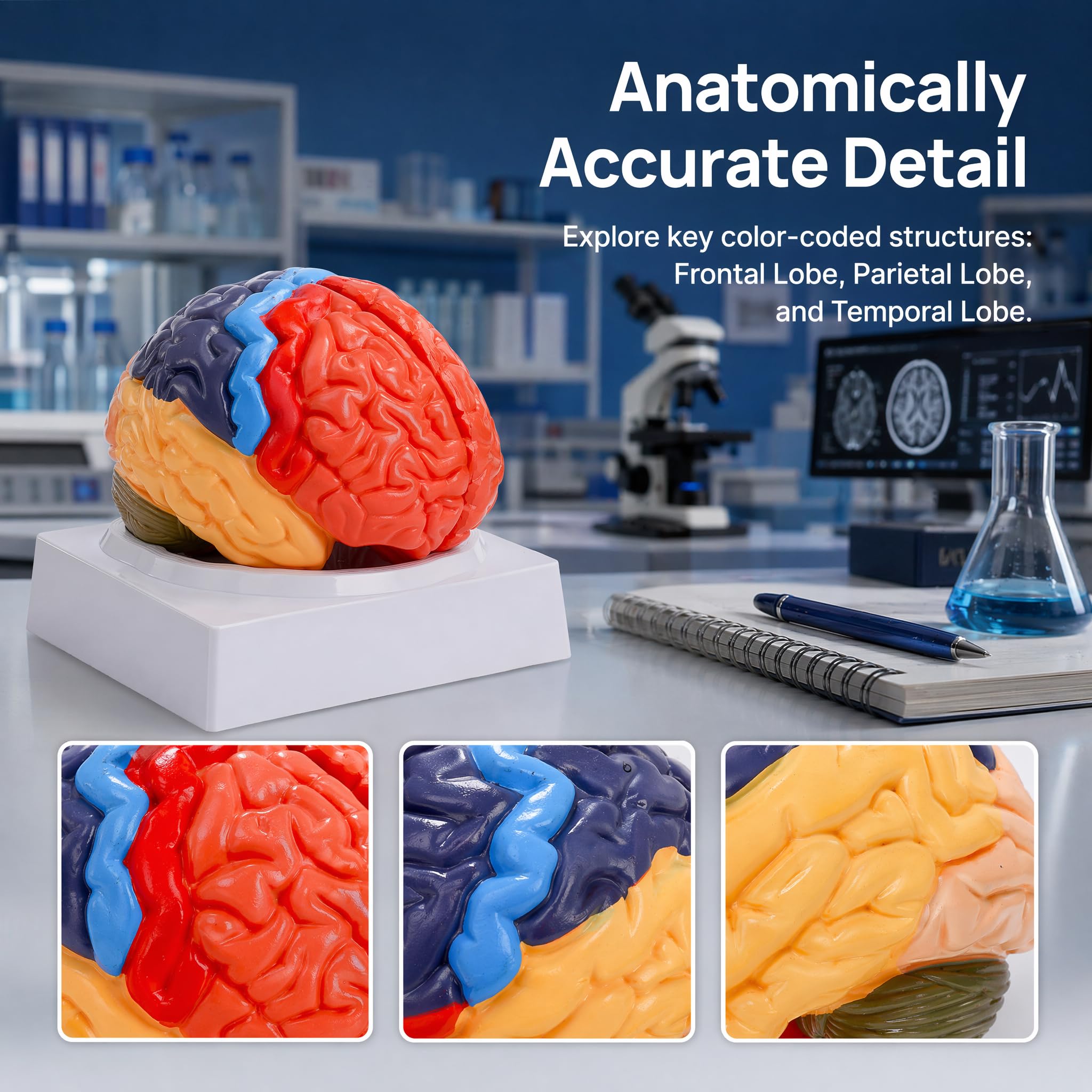 ZENFUN Modello anatomico del cervello umano a grandezza naturale, cervello suddiviso in 2 parti, modello anatomicamente accurato del cervello per studio in aula di scienze, display didattico modello