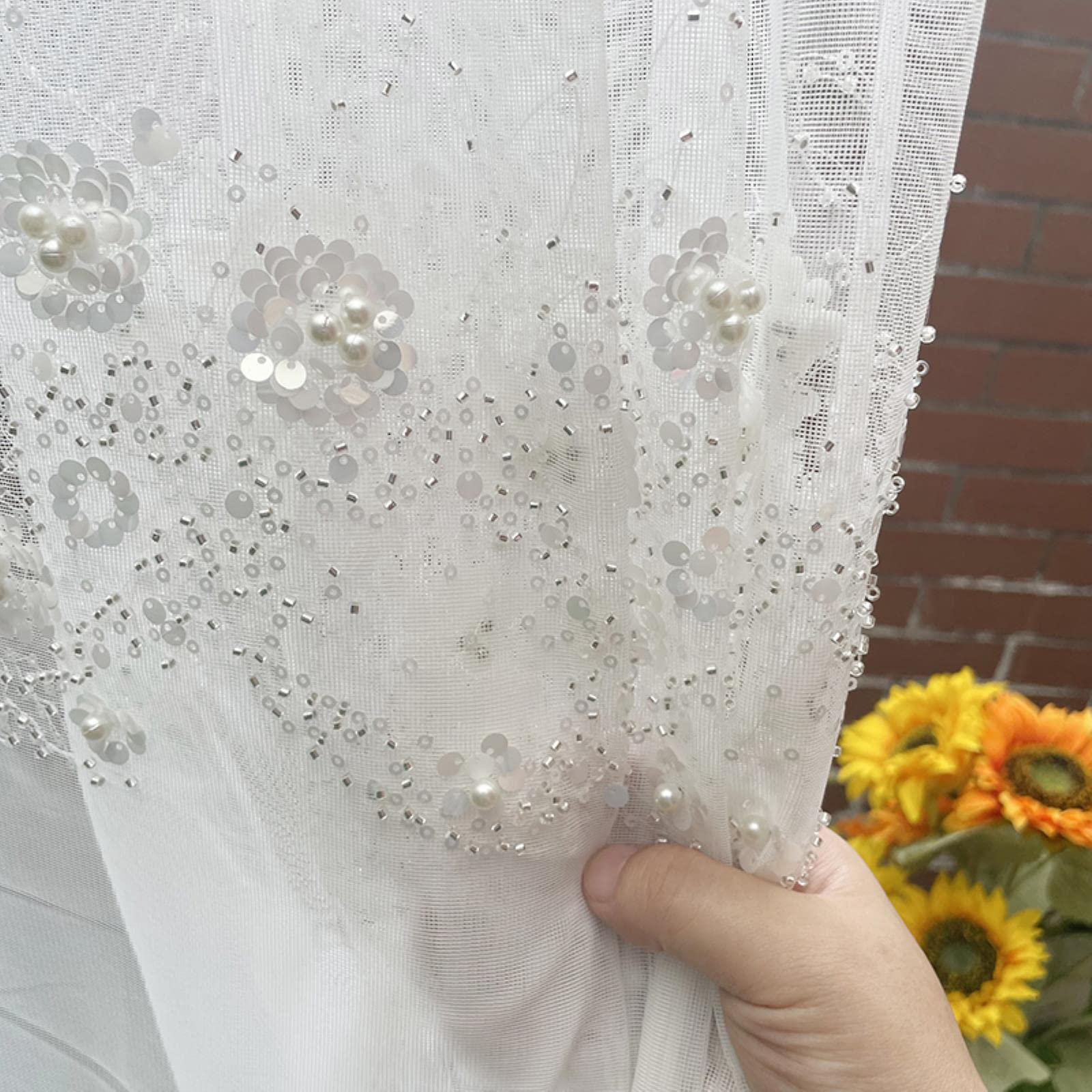 MANQILE Elegant White Pearls Tulle Curtains for Living Room Sequins Beads Yarn Window Drapes for Bedroom Balcony