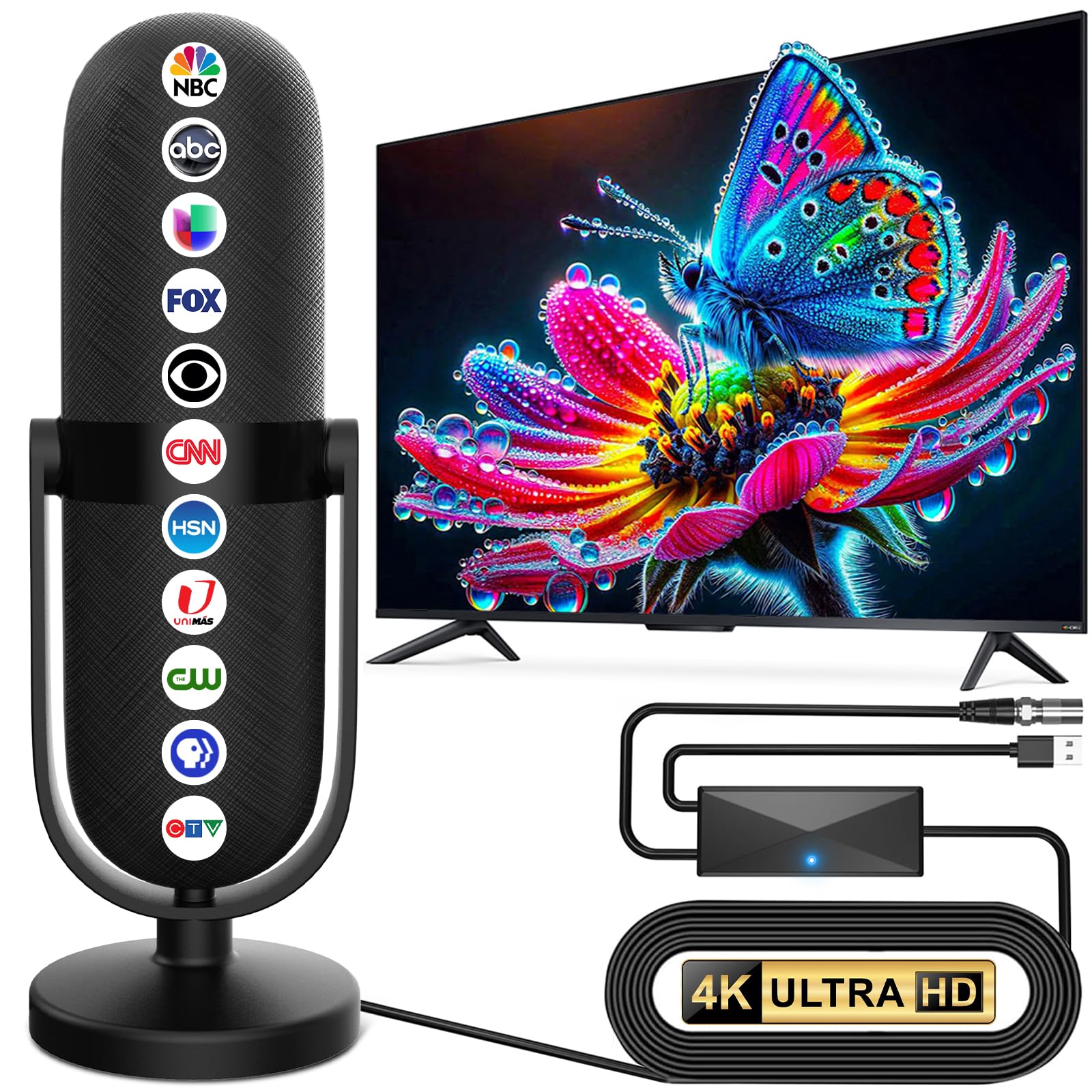 Antenna TV per interni 2026, antenna TV per Smart con ricezione del segnale a 360°, antenna digitale per interni fino a 2500 miglia, supporto per televisori 8K 4K 1080p, cavo coassiale da 7,6 m