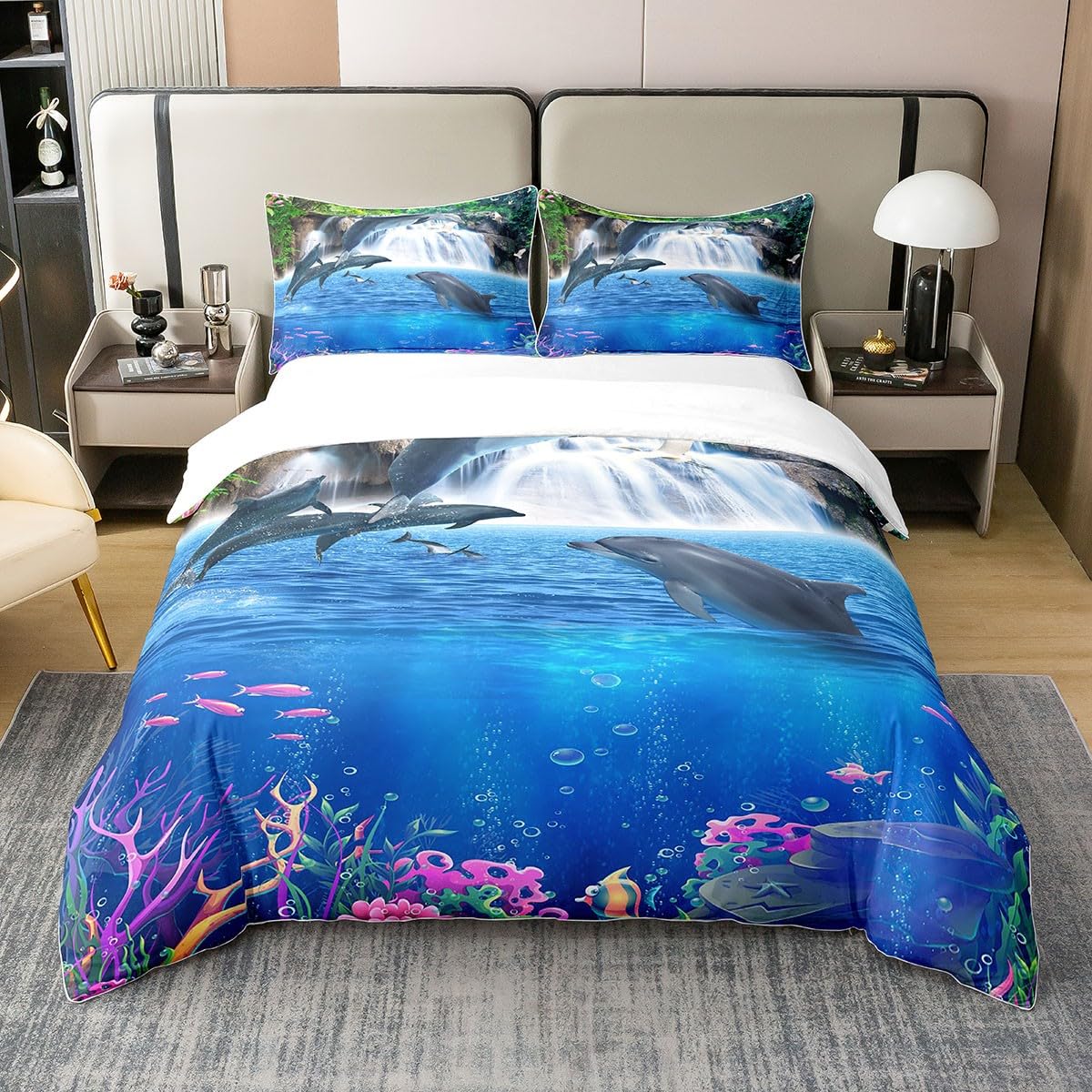 Loussiesd Delfin 100% Baumwolle Bettwäsche Set 200x200cm Springende Delfine Bettbezug Set für Kinder Jungen Mädchen Blau Ozean Marine Thema Betten Set Sea Creatures Bettbezug