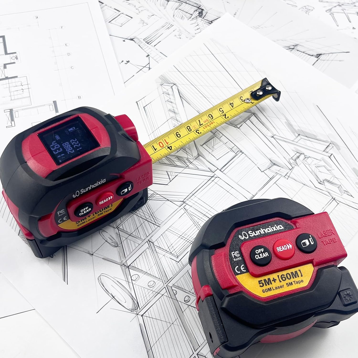 Laser Tape Measure 3 in 1 with Laser Level Crosshairs |196ft/60m Laser Distance+16ft/5m AutoLock Tape |Backlit LCD Display (Ft/Inch/M/mm) |for DIY,Construction, Interior Design (Red)