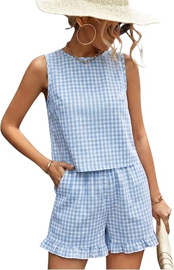 Hooever Womens Cotton Gingham Two Piece Crop Set Ruffle ShortsBlue-S | 100% cotton gingham set, cropped sleeveless top & high waist ruffle shorts, comfy for lounge beach travel summer daily wear