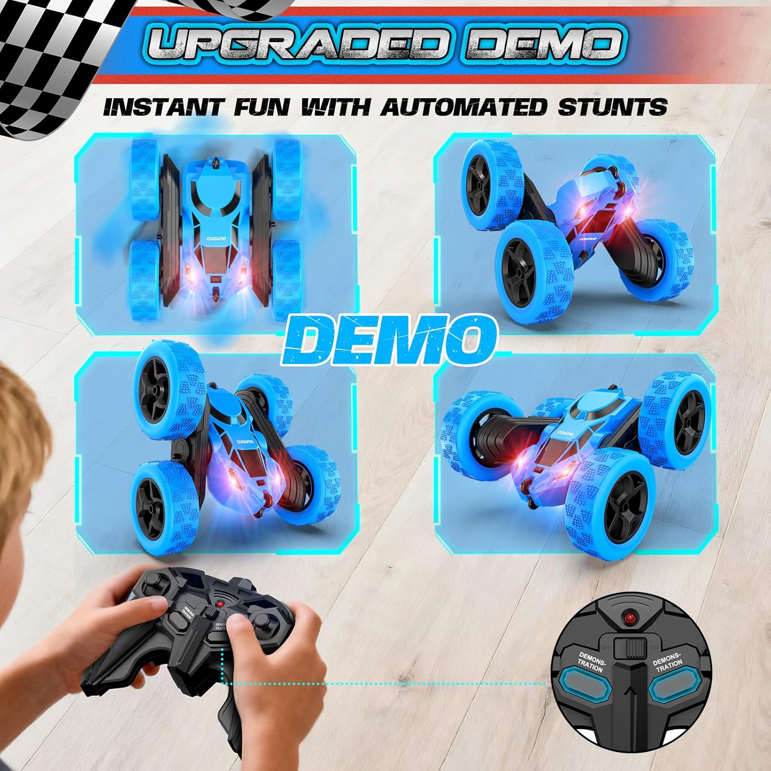 cosone Remote Control Car, RC Cars Toys for Kids Ages 6-12, 4WD Stunt Car with LED Lights & 360° Flips, 2.4GHz, Upgraded USB-C Modular Batteries, 6-10 Year Old Boys Birthday Gift - Blue