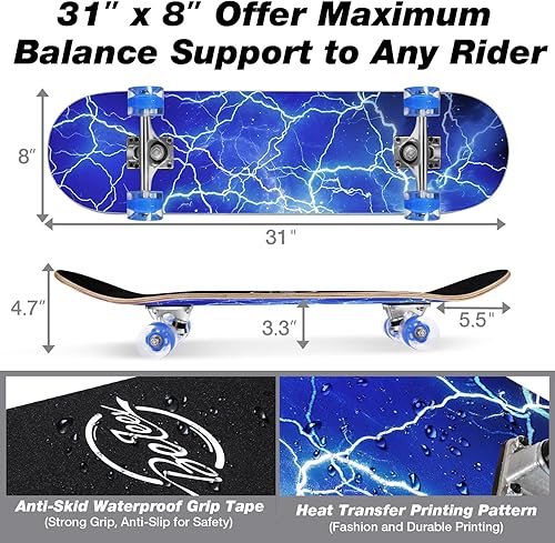 Miniatura 40 de BELEEV Patinetas para principiantes, 31 x 8 pulgadas, patineta completa para niños, adolescentes y adultos, 7 capas de arce canadiense doble patada