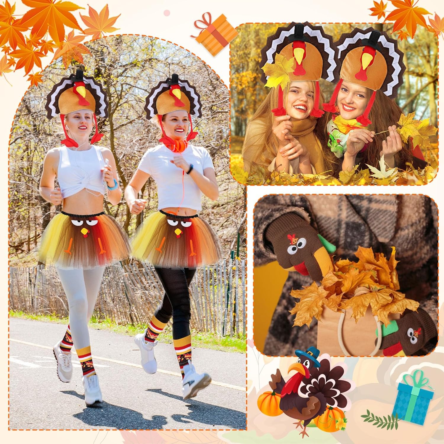 Quelay 4 Pieces Thanksgiving Turkey Costume Set for Women Turkey Trot Costume Thanksgiving Tutu Skirt Turkey Hat Socks Gloves - Image 3