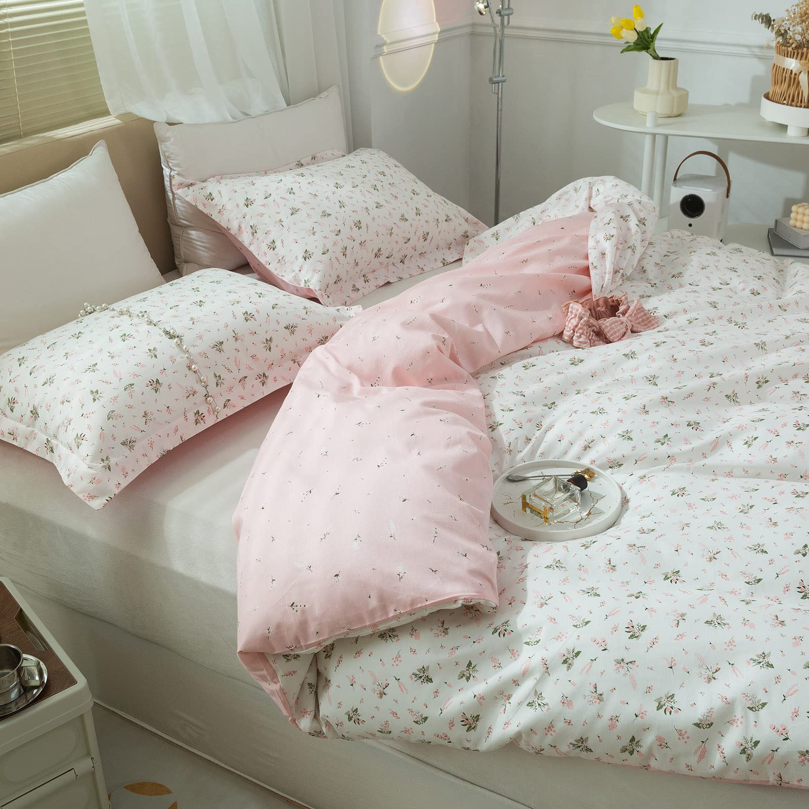 VM VOUGEMARKET Set di biancheria da letto per ragazze, con copripiumino e federe, con motivo floreale rosa e bianco, 100% cotone, con cerniera (3 pezzi, per letto singolo)