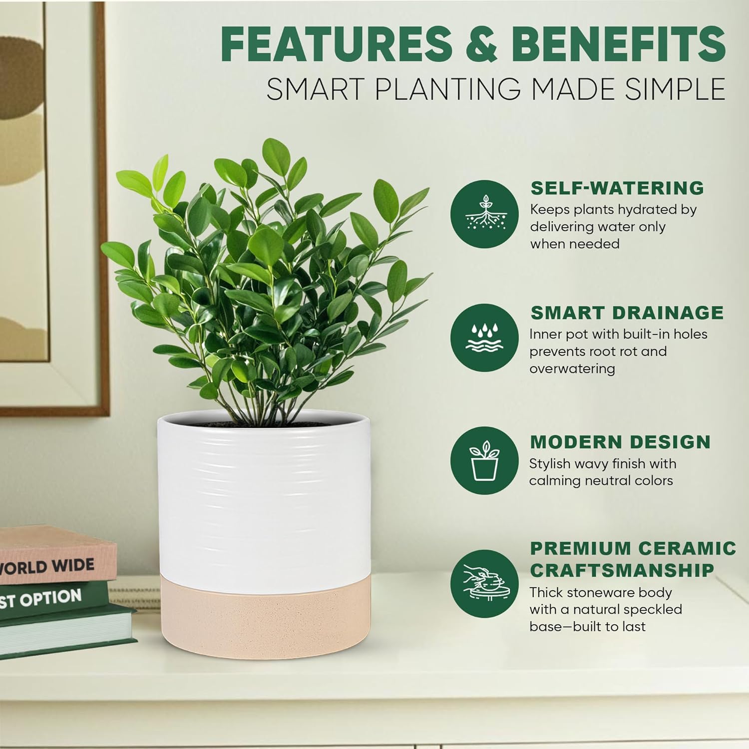 Ceramic Self Watering Plant Pots – 6 Inch Planter for Indoor House Plants with Drainage & Water Storage for Succulents (White & Beige, 7" Tall)