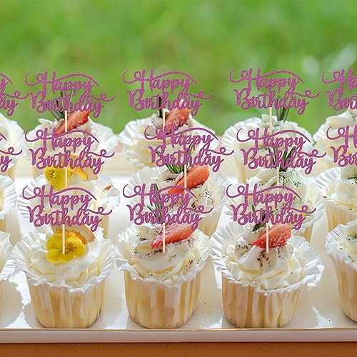Miniatura 7 de Paquete de 24 adornos para cupcakes con purpurina para cumpleaños, para celebrar feliz cumpleaños, fiesta temática, suministros de decoración de