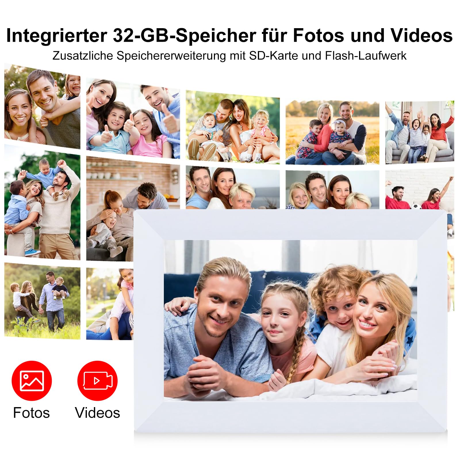 Frameo 10,1 Zoll WLAN Digitaler Bilderrahmen,1280x800 HD IPS Touchscreen Bilderrahmen,32GB Groß Speicher, Automatische Bilddrehung Unterstützt Wandmontage,Frameo APP Fotos Und Videos Jederzeit Teilen