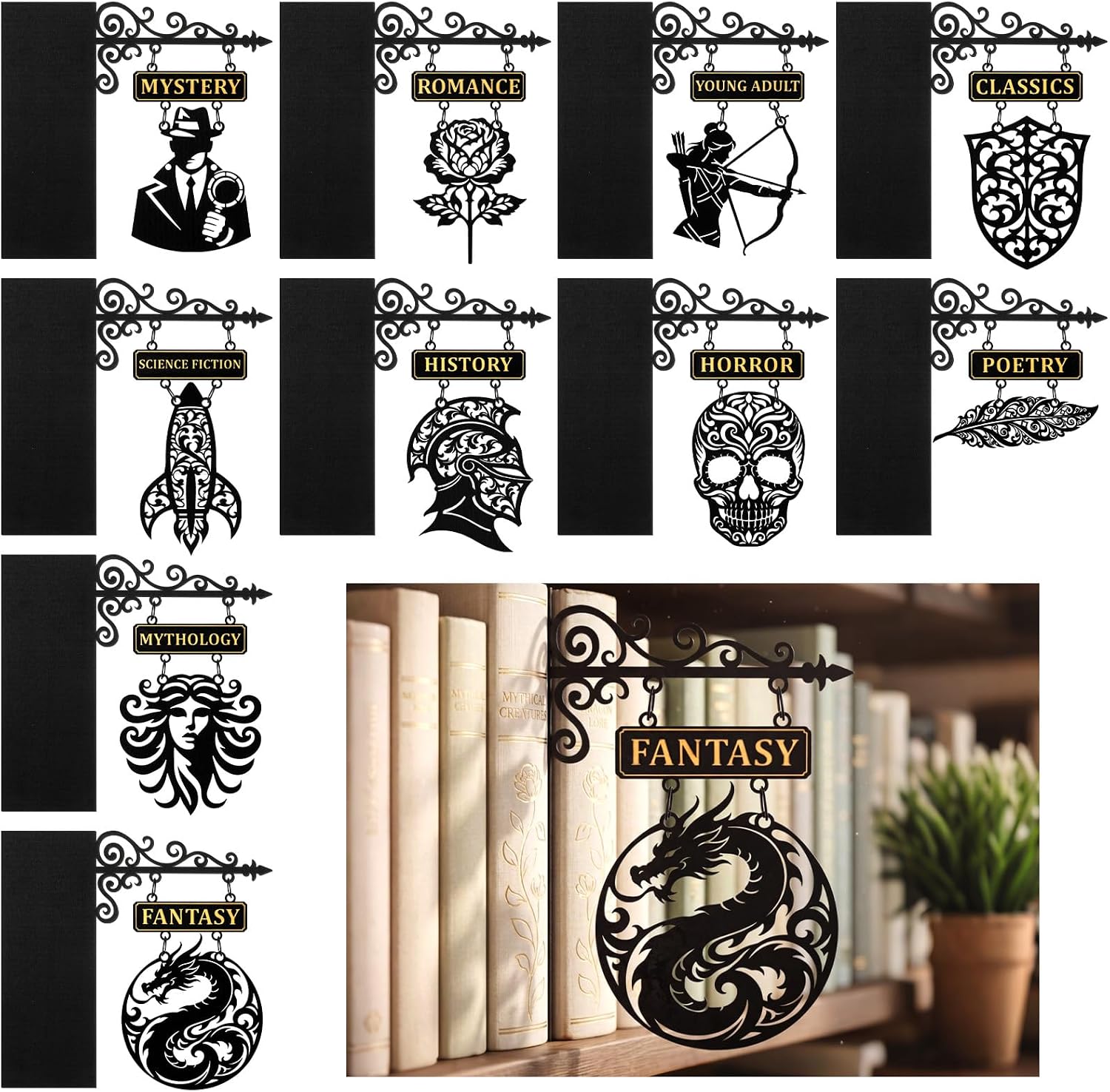Yalikop 10 Set Medieval Genre Shelf Dividers Decor Hanging Shelf Signs with Brackets Tavern Style Book Genre Dividers for Home Library Bookshelf Organization(Retro Hollowed-out,Black)