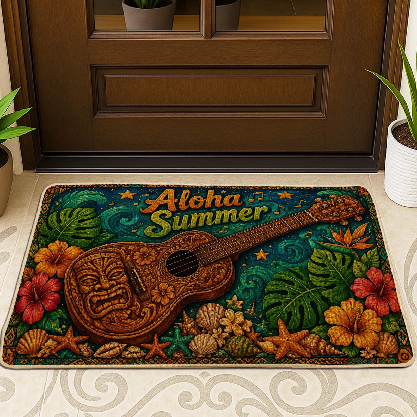 Paillasson guitare et fleurs d'hibiscus pour un accueil chaleureux