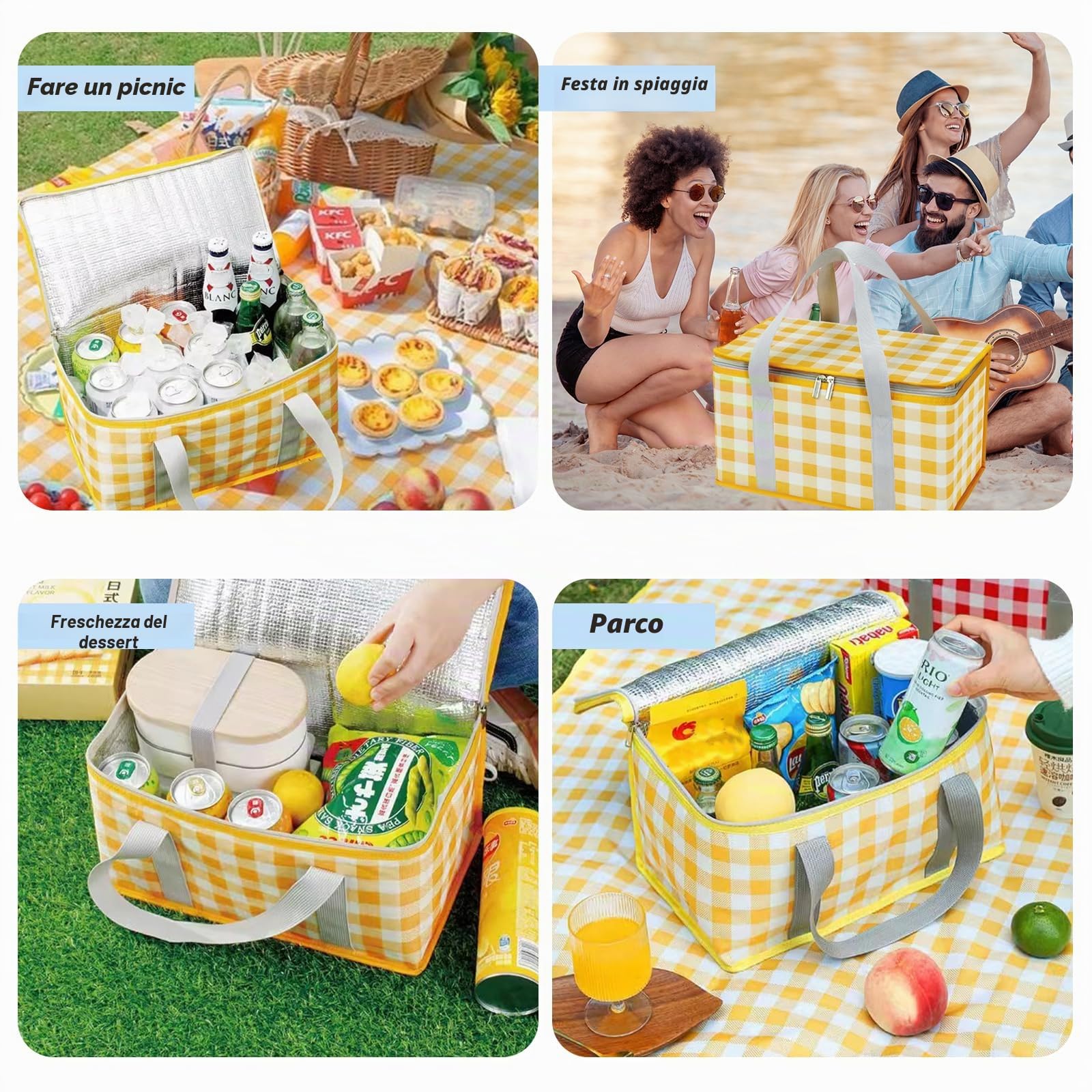 Cestini da picnic isolati, 35 x 20 x 20 cm, borsa termica da picnic da 15 l, con coperta da picnic da 150 x 200 cm, borse da spiaggia portatili impermeabili per attività all'aperto calde o fredde