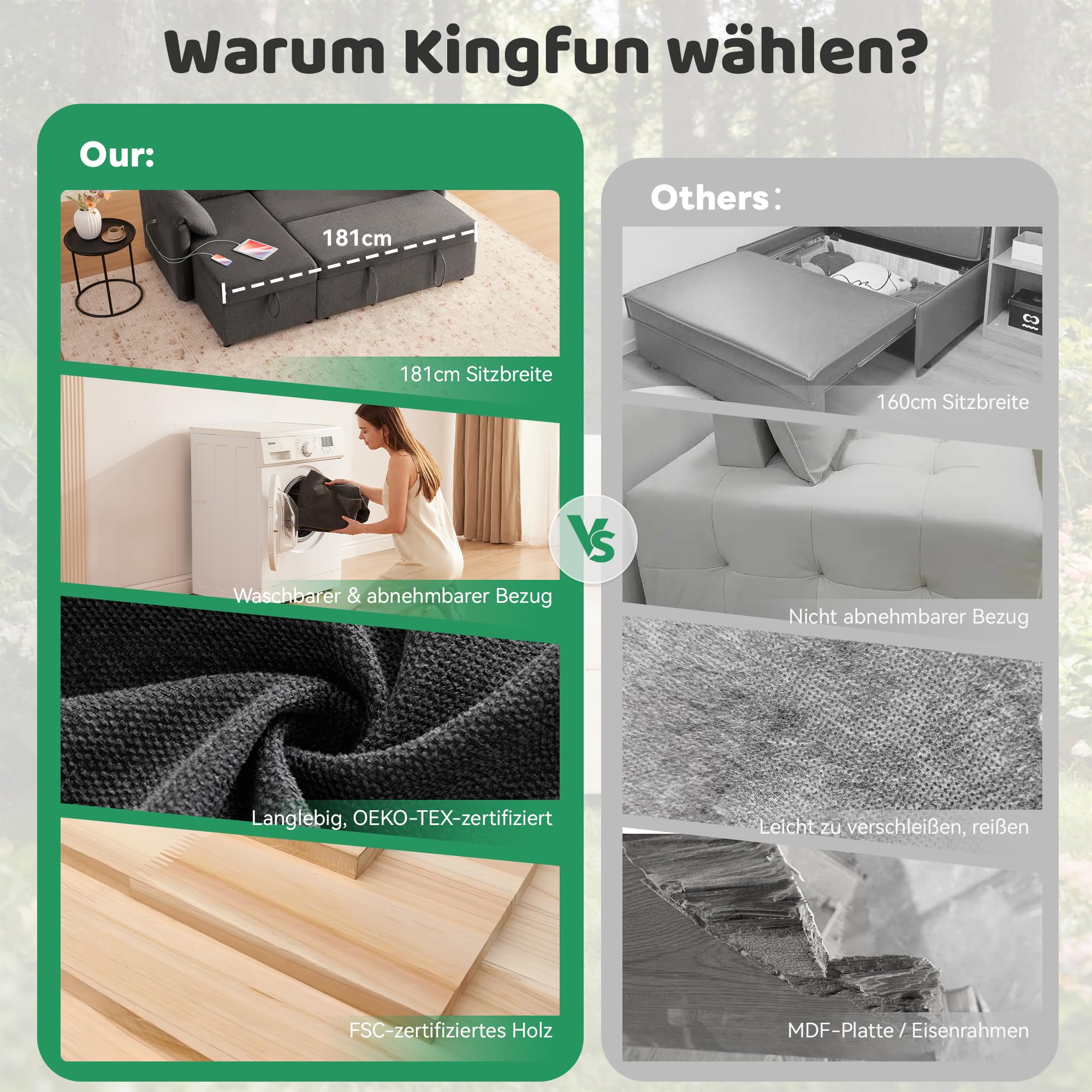 Kingfun 203cm 3-Sitzer Ecksofa mit Schlaffunktion & Bettkasten, Ausziehbares L-Form Schlafsofa mit USB & Stauraum, Kleines Sofa Bett für Wohnung und Wohnzimmer