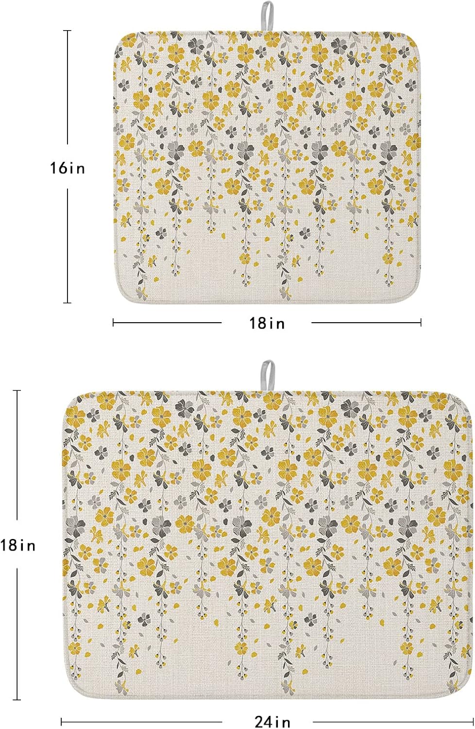 Yellow Grey Florals Dish Drying Mat for Kitchen Counter, Microfiber Rack Pads, Spring Weeping Flowers Linen Texture Absorbent Dish Bottle Drying Mat, 18''x24'', 2 Pack