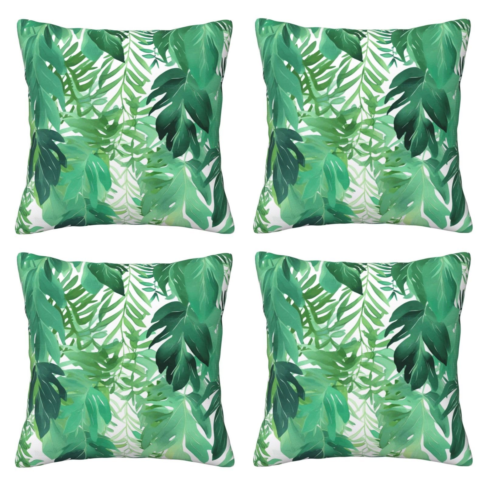 Tropical Green Leaves Throw Pillow Cases 4 Pack Square Pillowcases Super Soft Pillow Protectors With Zipper for Couch Livingroom Sofa Bed Office Car,50x50 CM