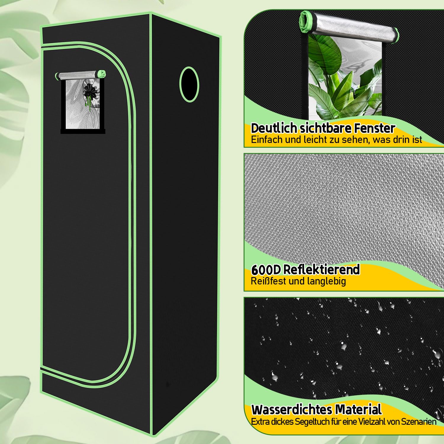 Tienda de cultivo 60x60x180 cm, 600D Oxford con ventana, resistente a la luz y al agua, armario interior